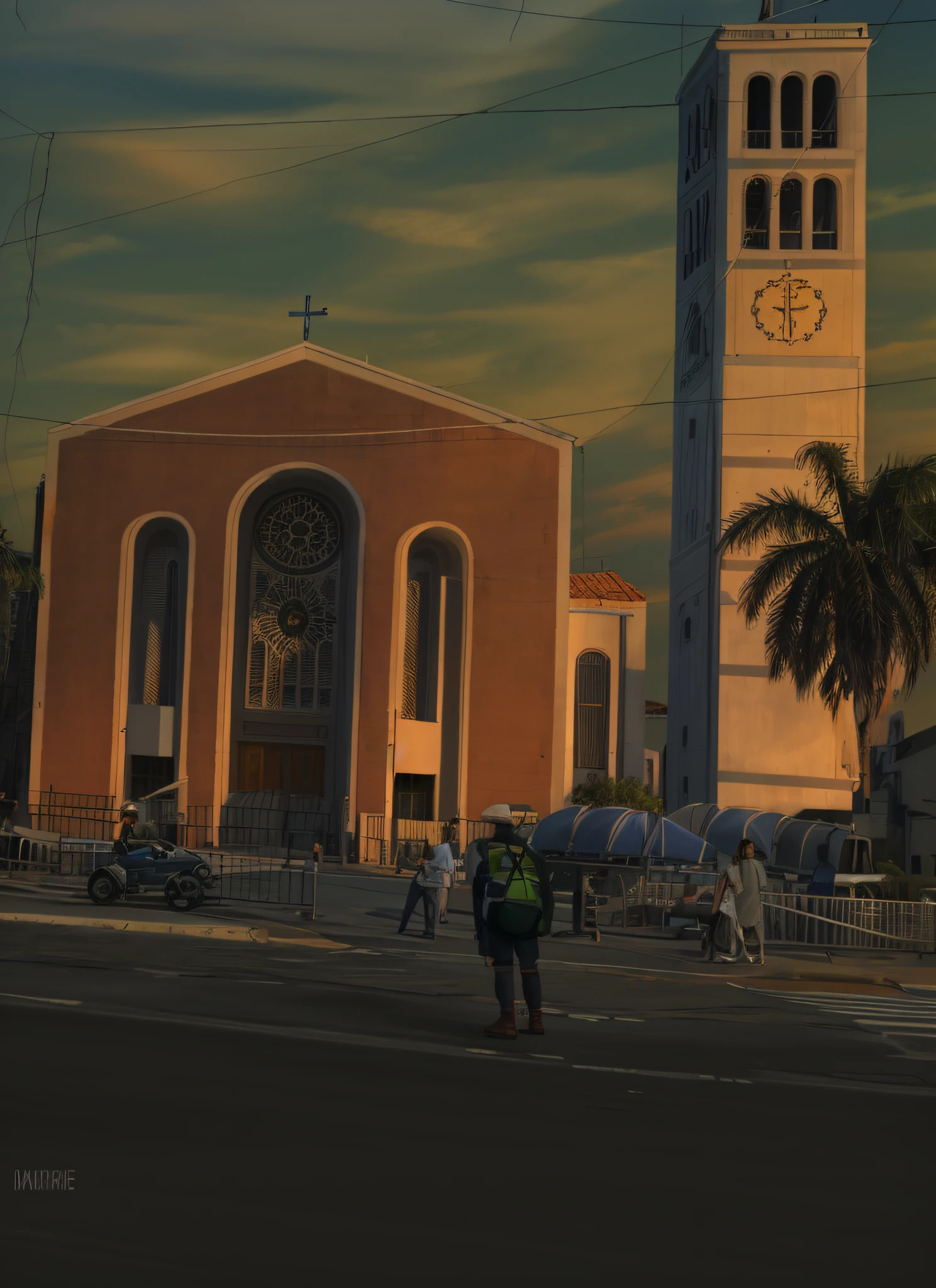 Tem um homem andando de skate na rua, visto de fora, vista do lado, Beautiful image, catedral, lateralmente, vista das ruas, Completo - Vista, visto lateralmente, Vista lateral, catedral da igreja, Why Sepulto, igreja no fundo, historical image, cena triste, Directed by: Matteo Pérez, foto ao lado