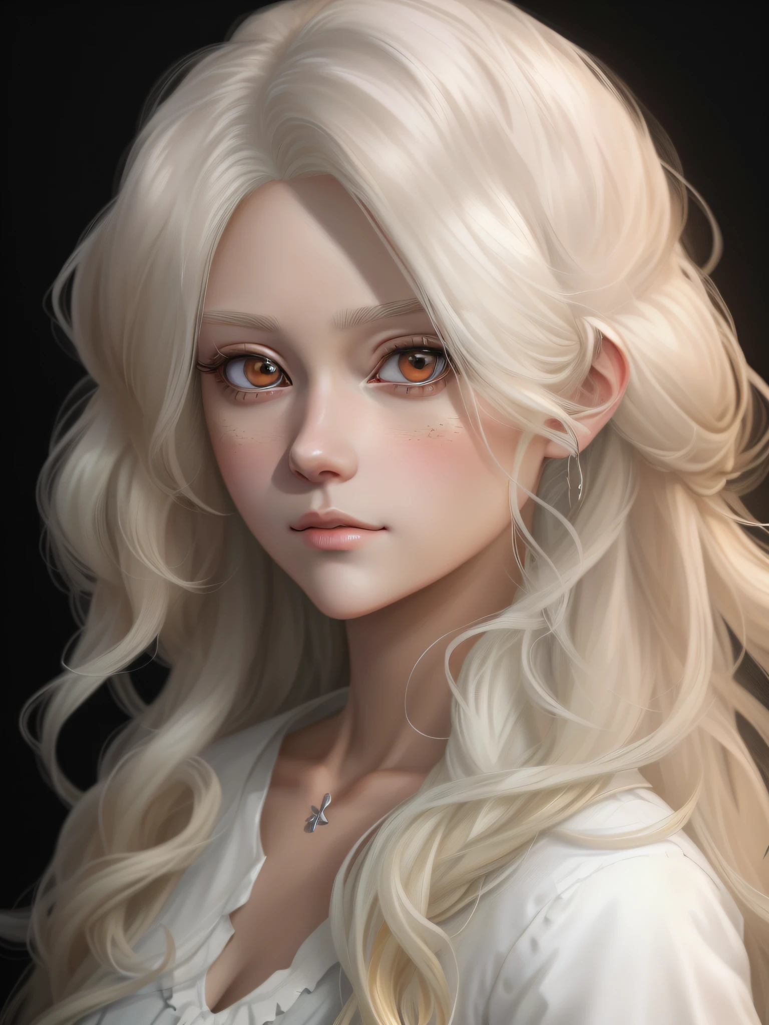 Close up of a woman with long blonde hair and a white shirt, High quality detailed art in 8K, Guviz-style artwork, Guviz, Girl with white hair, Kawaii realistic portrait, Smooth anime CG art, Deviantart ArtStation CGSCOSIETY, 4k highly detailed digital art, Detailed digital anime art, Anime style. 8K