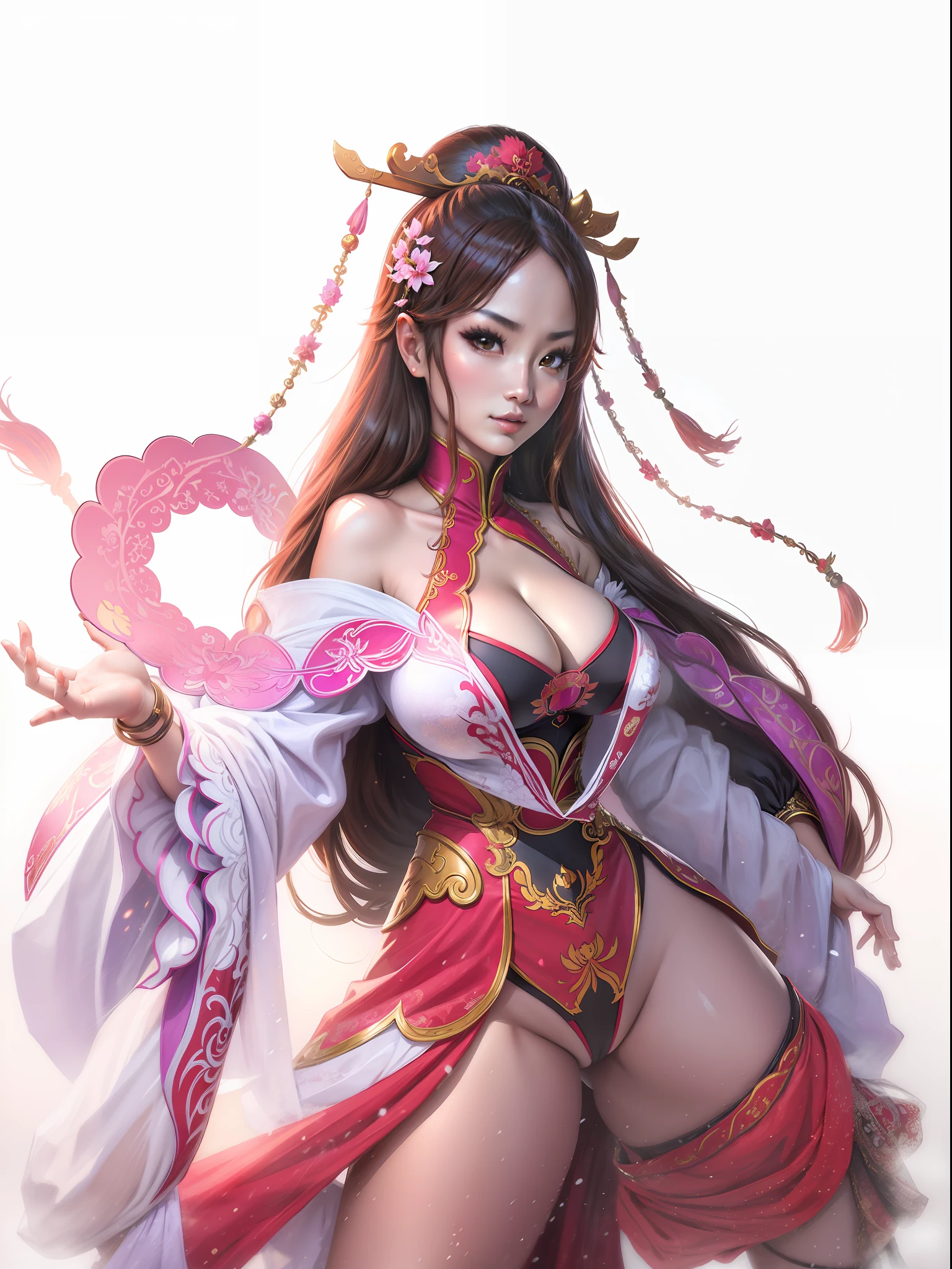 Romance of the Three Kingdoms》Sable cicada image ,Raised sexy,long leges,show legs,gigantic cleavage breasts,Enchanted,dancing pose,Fan in hand,Enchanting,seduce,tmasterpiece,HighestQuali,Highest high resolution,Taoyuan background