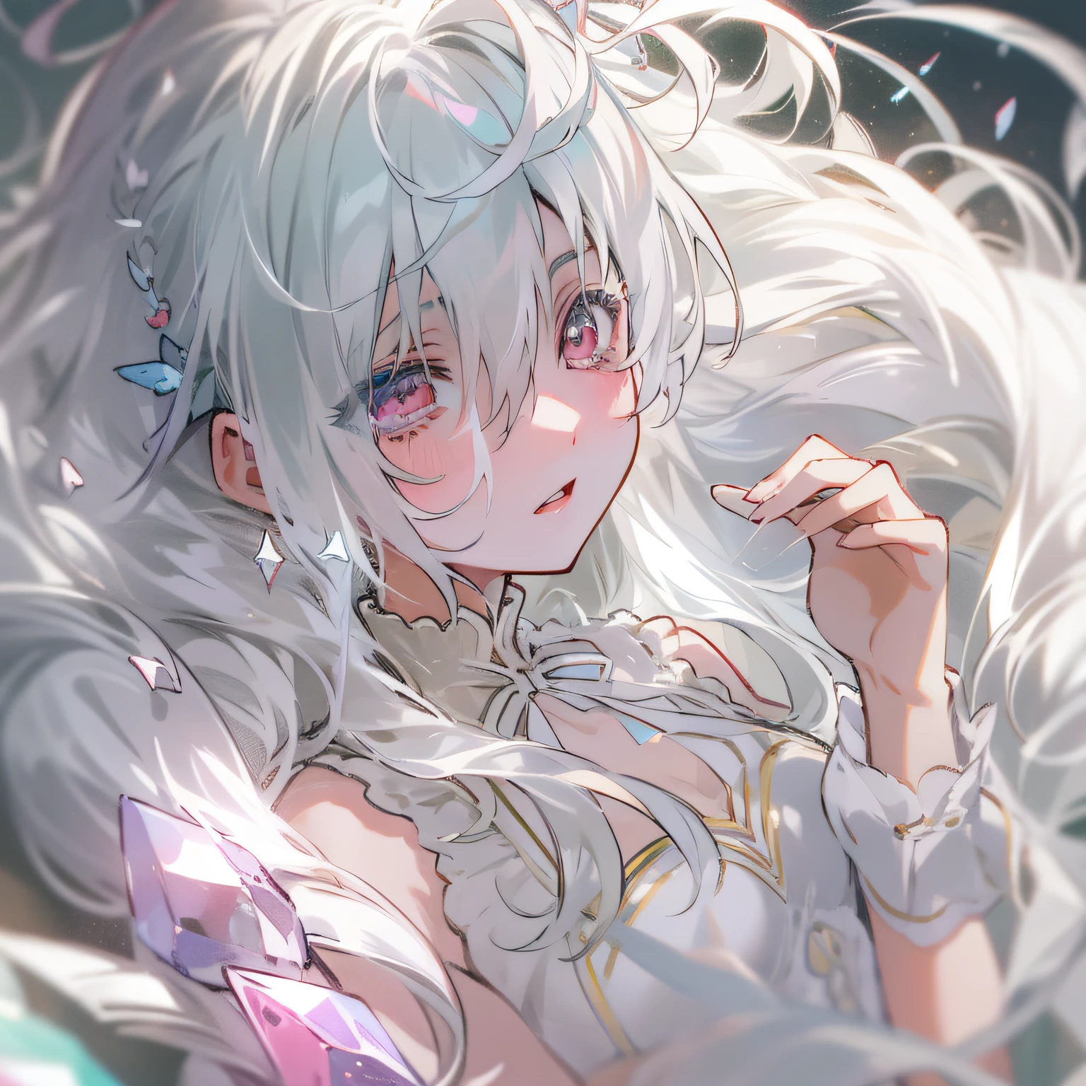 White hair, ahoge, bangs, hair between eye, Long hair, Double up braid, crystal hair, Expressive hair, Mini top hat, ribbon, Hair ribbon, hair bobbles, white hair ribbon, lolitahairband, White eyes, Sleepy, High detail, Anime, romanticism lain, Anime style, god light, in a panoramic view, hyper HD, Masterpiece, ccurate, Super detail, High details, High quality, Best quality