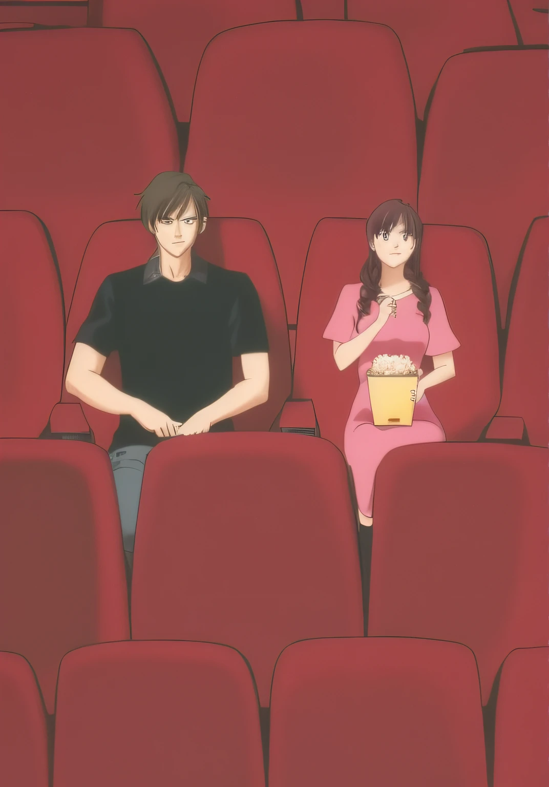 There was a man and a woman sitting in the theater holding popcorn, movie illustration, sitting in a movie theater, in a cinema, anime movie scene, movie artwork, photorealistic film still, film art, cinematic movie image, anime film still, animated movie scene, anime movie frame, anime movie backgrounds, Scene from Movie, cinematic movie, cinematic movie scene