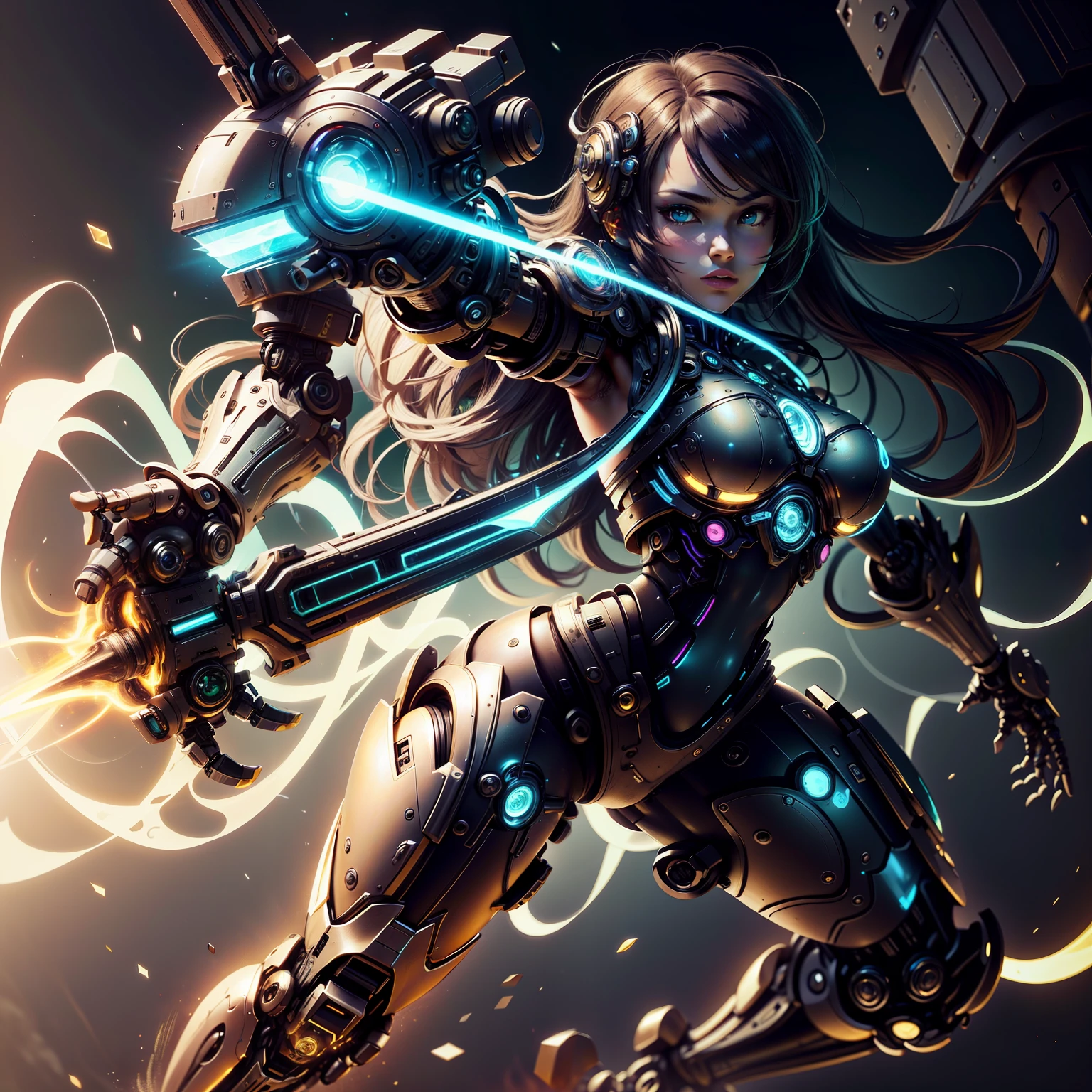 Whole body. Game Anime Characters. Naughty Beautiful Girl, Full Body Anime, Beautiful African national costume, Holding a sword. goggles, Very beautiful face. Sporty,Realistic big coins,Robot hand with realistic rainbow green diamond, Large iridescent diamond in the middle, highres photograph,Realistic High Quality, Steampunk Aztec futuristic robot head,Only the hands of a mechanical robot, Shining, hightquality, ISO 200 Shutter Speed 2000, 8K, FULL BODYSHOT --auto