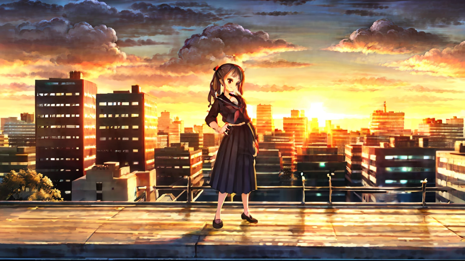 (masterpiece, top quality, best quality),  Vanillaware,high quality, best quality, masterpiece, absurdres, nagase mana, uniform, 1girl, white school_uniform, blue skirt, school, sunset, rooftop, smile