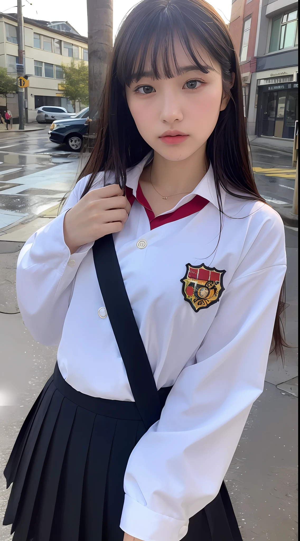 ((best qualtiy, 8K, tmasterpiece:1.3)), sharp:1.2, Handsome man with a perfect body:1.4, Slim abs:1.2, (Red layered hairstyles,Little bangs on the eyebrows), (Black Nakayama Uniform,There is a rectangular school emblem on the chest:1.1),(Sateen,the street:1.2),Get wet:1.5,Highly detailed facial and skin texture,A detailed eye,二重まぶた,A sideways glance at the camera