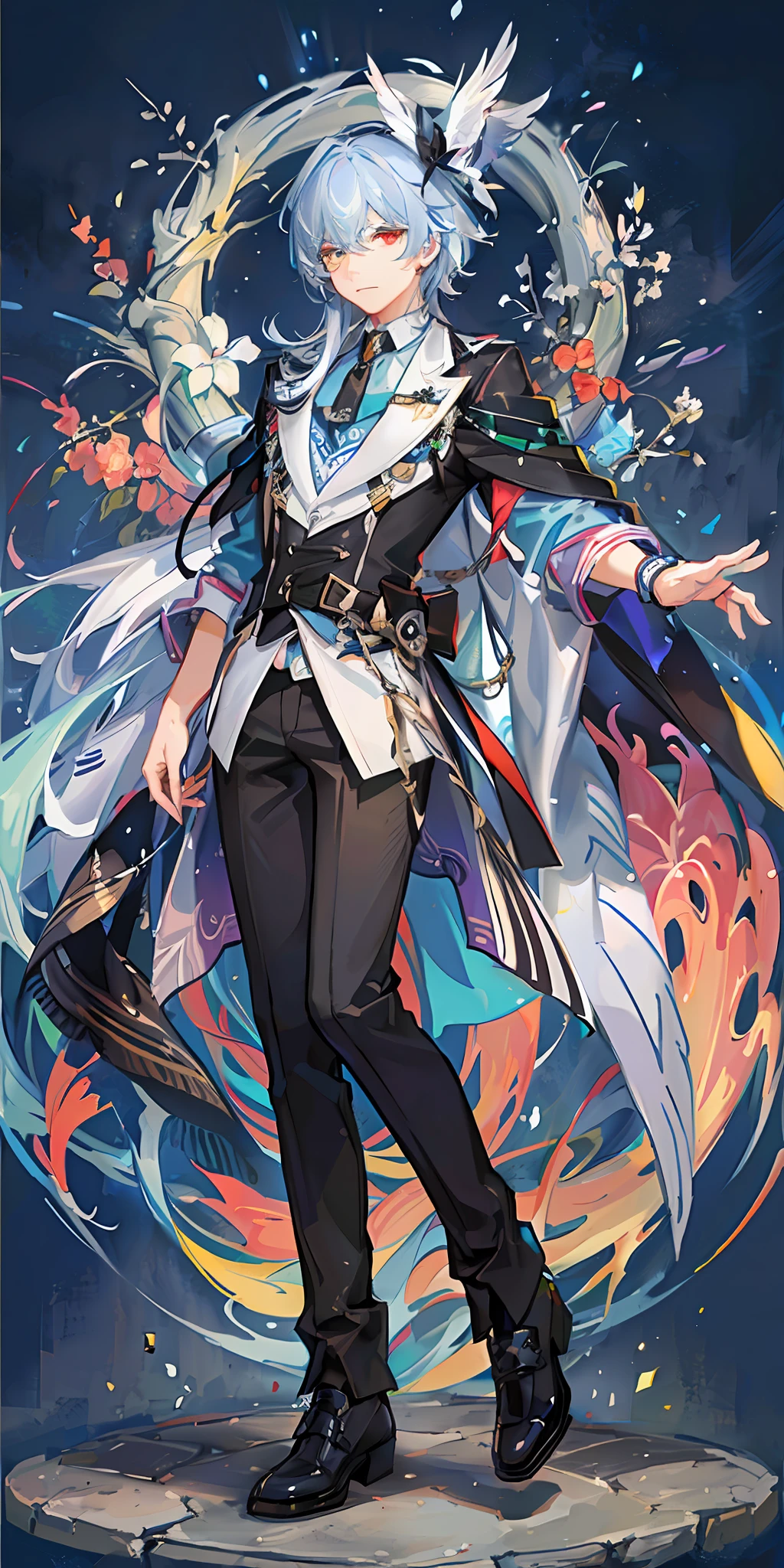 High quality masterpiece, (1boy), colorful hair, heterochromia, magician, detailed face, colorful, vibrant, cards, (full body),