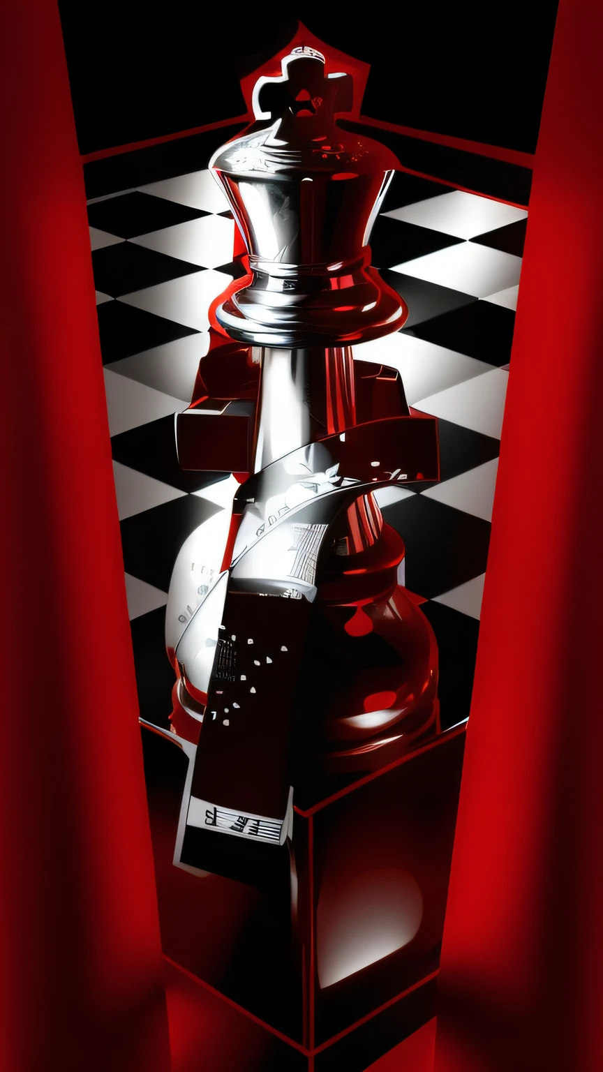 Chess piece with a red ribbon and a black and white checkered background, ( queen chess piece, Chess piece, queen chess piece, xadrez surreal, queen chess piece photo portrait, queen chess piece photo, Directed by: David Ruby, rendering of checkmate, tabuleiro de xadrez reflexivo, detailed acrylic, xadrez cavaleiro, chess, Directed by: Joe Bowler, xadrez