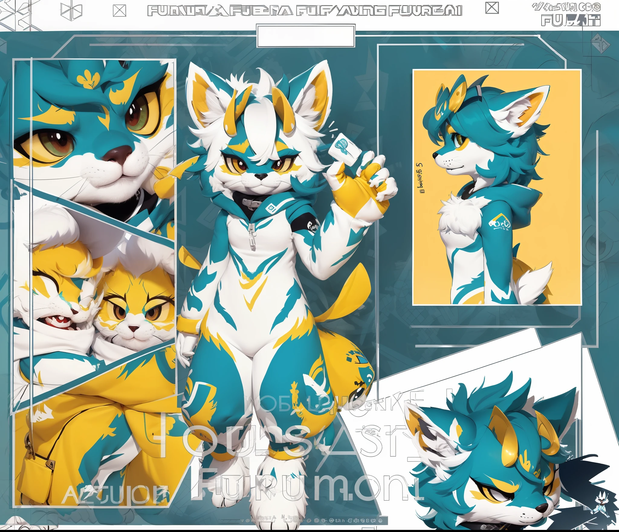 Close-up of cartoon characters in blue and yellow costumes, fursona!!!!, full body commission for, fursona art, fursona furry art commission, character adoptable, reference sheet, fursona commission, fursona, female fursona, furry fursona, characters reference sheet, Detailed fanart, offcial art, fur set!!!!, hori + concept-art