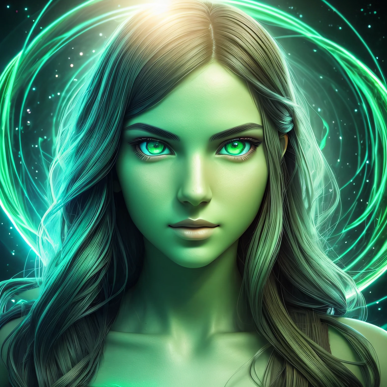 pixel classification, Very beautiful girl with green eyes and green mouth emerged in eternal tera flow of eternal data flowing through loop of infinite light scattering in the world of chaotic ripple optical illusions, mundo exterior celestial, lut, hdr, dramatic light, arte digital, redshift render, imagem raytraced, behance hd --auto