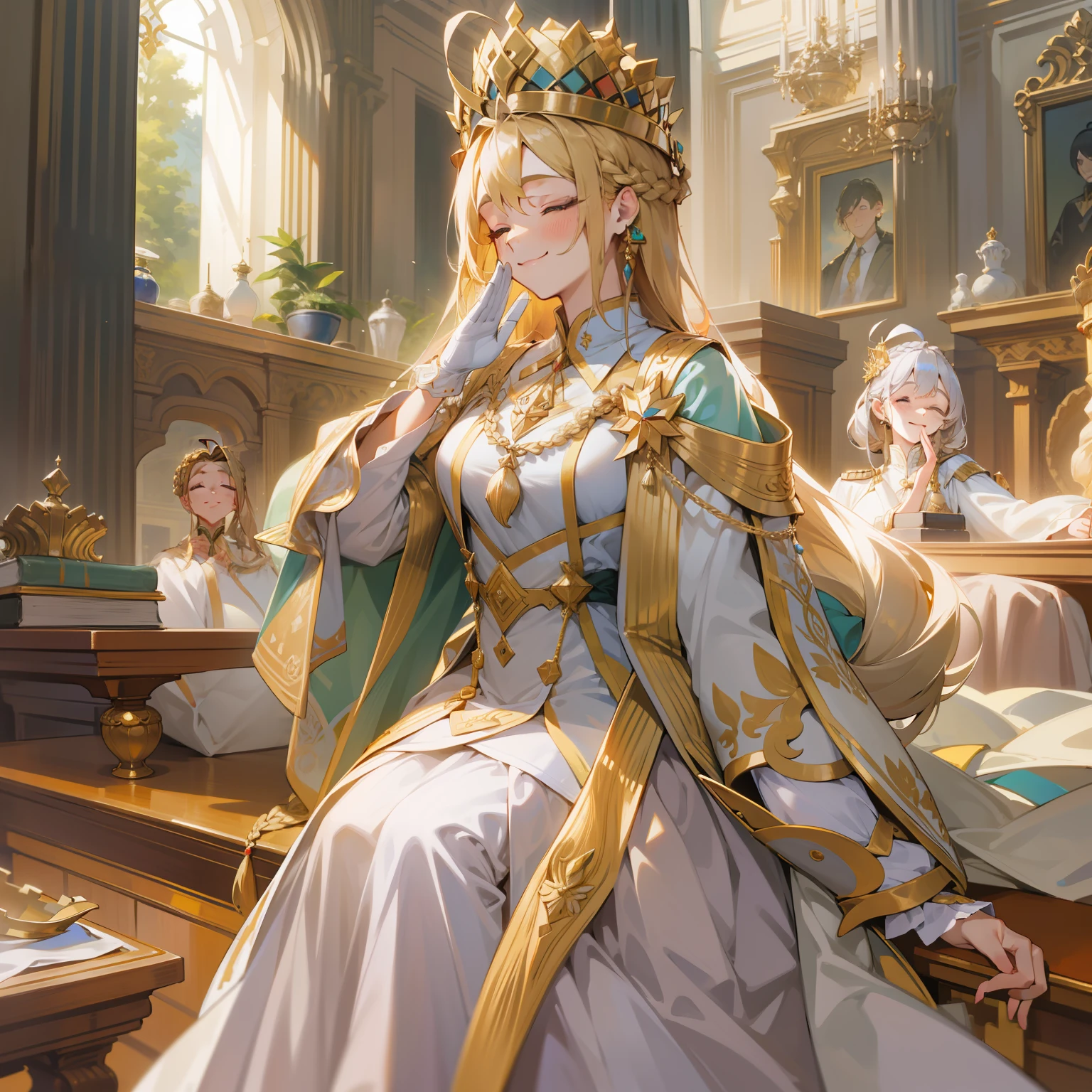 Empress in court dress, Wear a lot of gorgeous jewelry, Flaxen hair, Saluting, full bodyesbian, ahoge, french braid, crown, mole under eye, closed eyes, smile, 8k