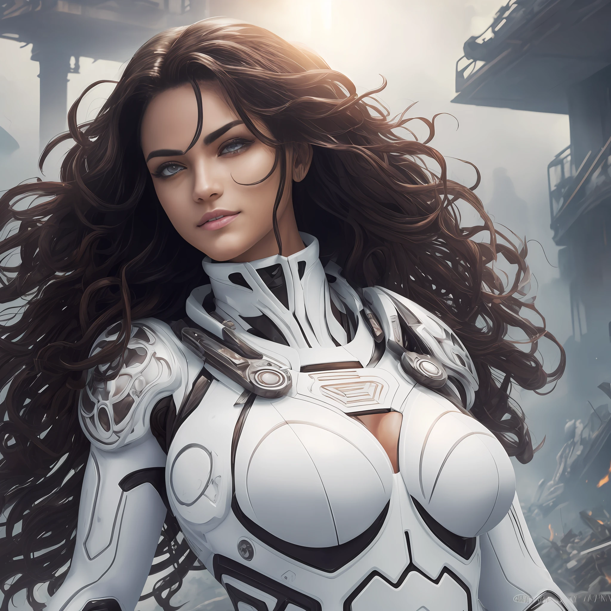 Hyper-realistic photo of a beautiful sexy big titted muscular fit girl in a white EVA plugsuit, extremely detailed face, white long very curly hair, full body, intimate pose, hyper-detailed, ((sexy very intricate clothes)), by Greg Rutkowski, trending on art station, ((apocalyptic scene, chaotic atmosphere whit dust and fire)) perfect nose, clean and sharp face, symmetry in the iris of the brown eyes, well shaped eyebrows, sensual and moist lips, perfect teeth, perfect and harmonious smile. --auto