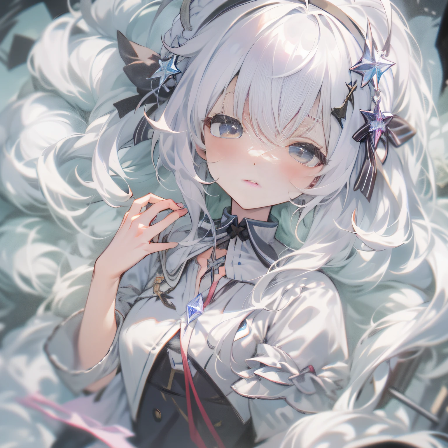 White hair, ahoge, bangs, hair between eye, Long hair, Double up braid, crystal hair, Expressive hair, Mini top hat, ribbon, Hair ribbon, hair bobbles, white hair ribbon, tahairband, White eyes, Sleepy, High detail, Anime, romanticism lain, Anime style, god light, in a panoramic view, hyper HD, Masterpiece, ccurate, Super detail, High details, High quality, Best quality