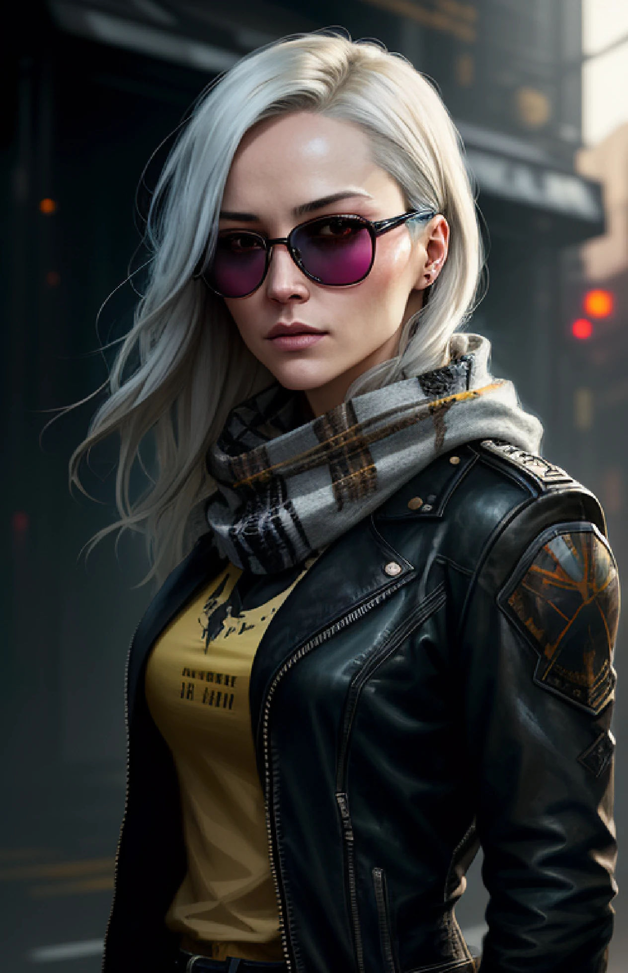 (dark shot:1.1), epic realistic, portrait of halo (pom klementieff), sunglasses, blue eyes, tartan scarf, white hair by atey ghailan, by greg rutkowski, by greg tocchini, by james gilleard, by joe fenton, by kaethe butcher, gradient yellow, black, brown and magenta color scheme, grunge aesthetic!!! graffiti tag wall background, art by greg rutkowski and artgerm, soft cinematic light, adobe lightroom, photolab, hdr, intricate, highly detailed, (depth of field:1.4), faded, (neutral colors:1.2), (hdr:1.4), (muted colors:1.2), hyperdetailed, (artstation:1.4), cinematic, warm lights, dramatic light, (intricate details:1.1), complex background, (rutkowski:0.66), (teal and orange:0.4)