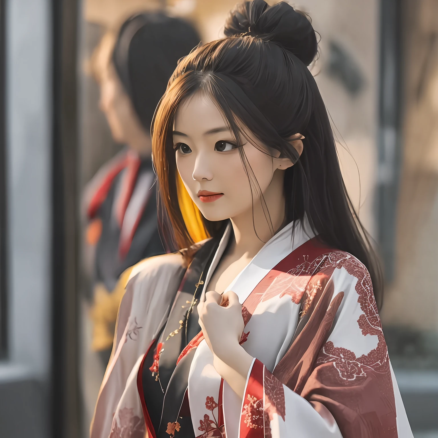 A bewitching woman waiting impatiently for her lover to come. A captivating bewitching image capturing the elegant yet intellectual kimono worn by the character's bewitching beautiful adult woman. The kimono's flowing designs are embellished with delicate details, such as intricate embroidery. The warm, golden light from a wide aperture highlights the soft, natural light filtering through the kimono, emphasizing the soft, luminous tones of the scene. shallow depth of field, natural light