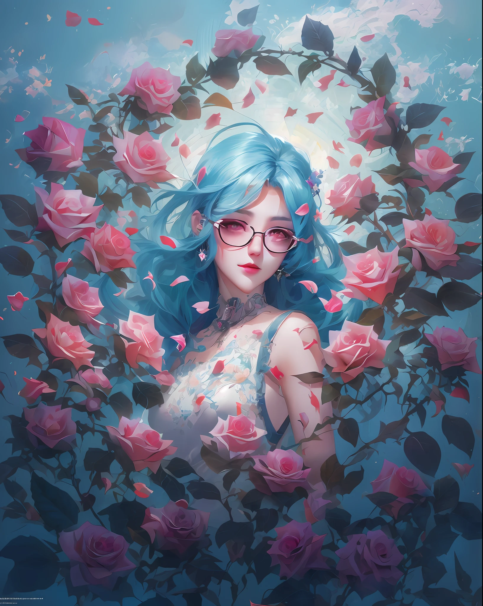 there is a woman with blue hair and glasses surrounded by roses, artwork in the style of guweiz, ! dream artgerm, artgerm. anime illustration, style artgerm, artgerm on artstation pixiv, extremely detailed artgerm, artgerm portrait, in the style artgerm, alice x. zhang,masterpiece, best quality, (extremely detailed CG unity 8k wallpaper), (best quality), (best illustration), (best shadow), absurdres, realistic lighting, (Abyss), beautiful detailed glow