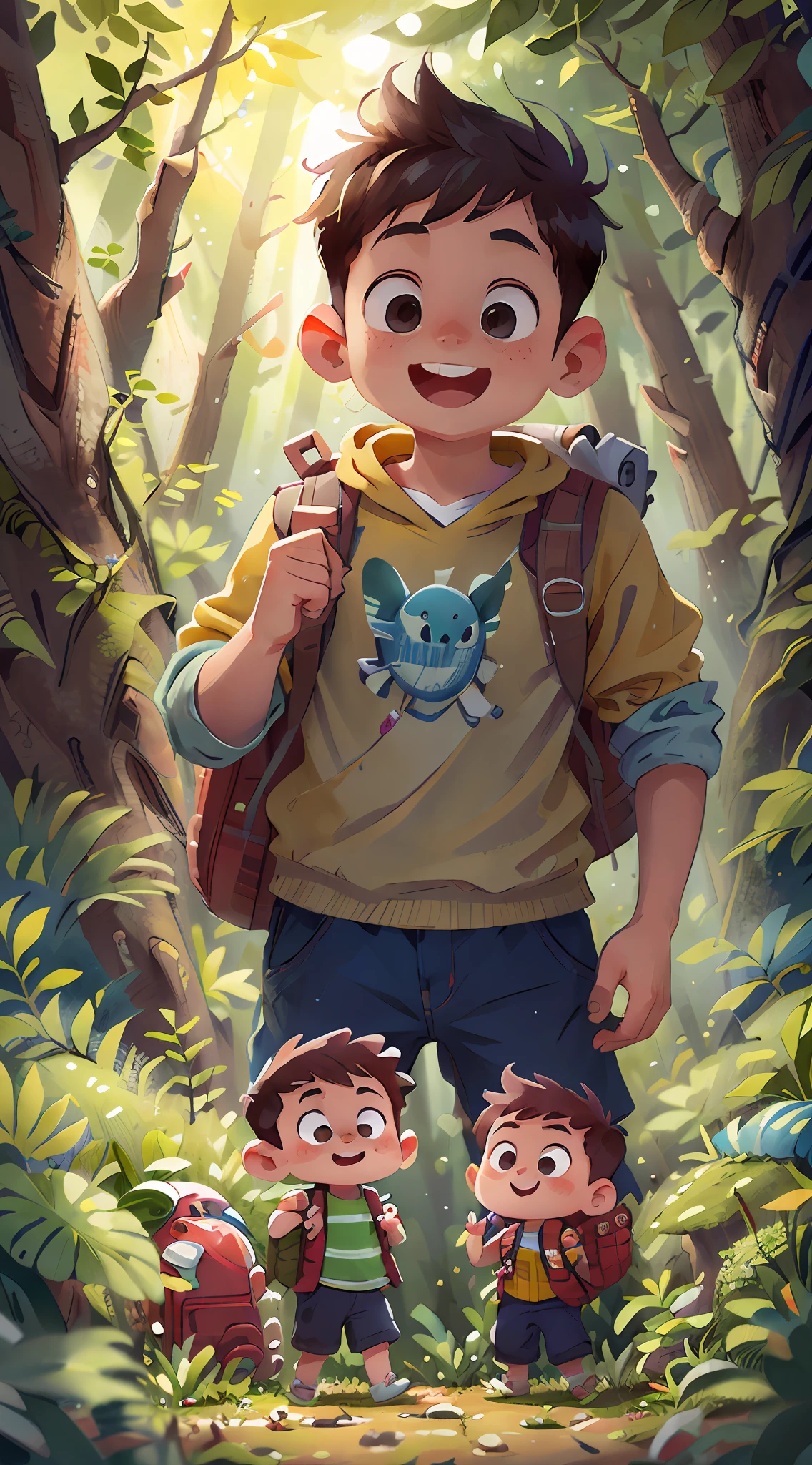 "Happy spring outing，Two boys in the forest carrying backpacks，Small car toy in hand，The background is colorful，The picture quality is perfect，Focus Clear，ultra-low perspective，wide wide shot，The details are complex，picture-perfect face。"