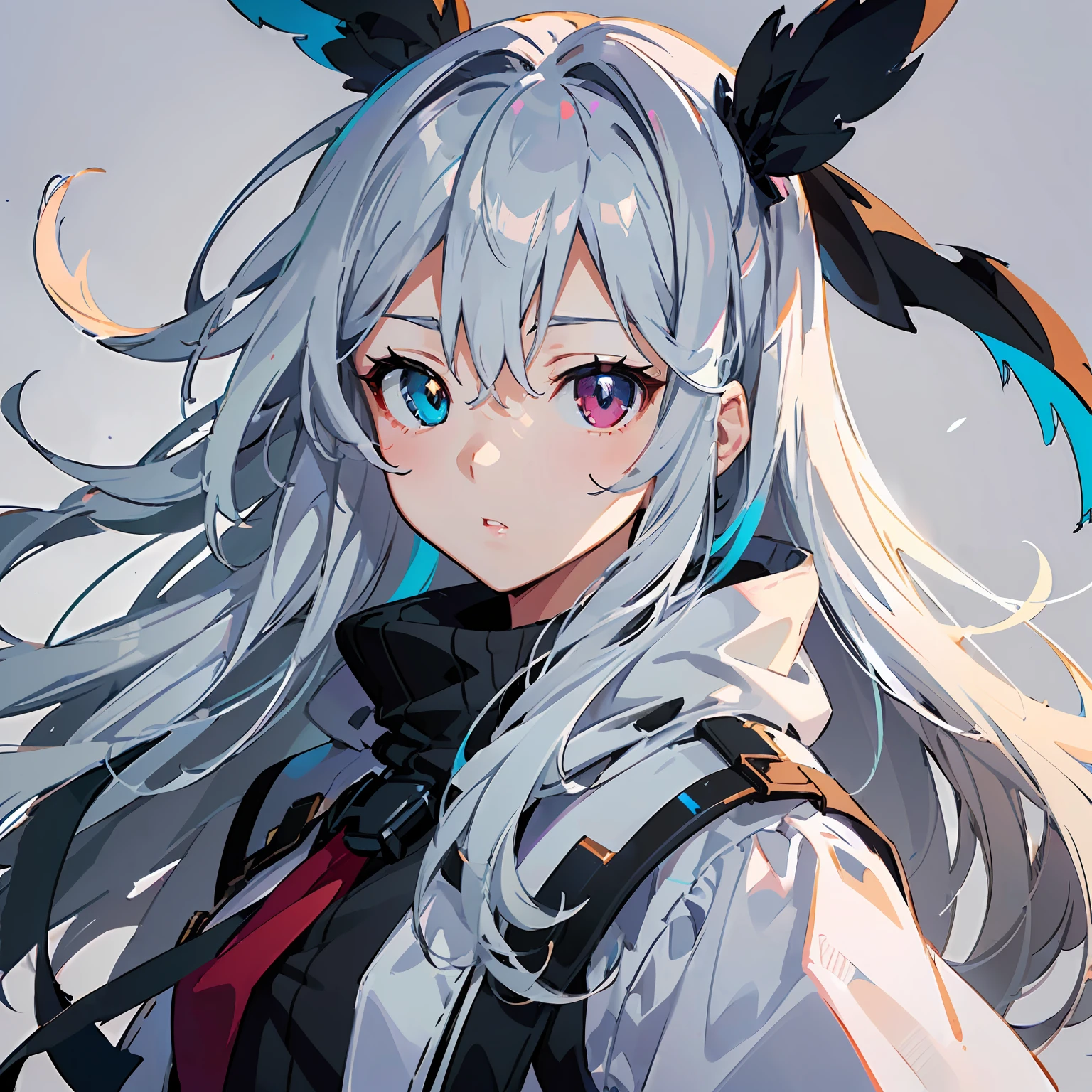 ((best anime designer illustration cute Girl:1.3)), (cute girl), a girl with (colored eyes, heterochromatic, multicolor:1.4), long white hair, white skin (portrait format), gray background matte and opaque movie backdrop from Paramount Studios, hair in the wind, different eyes in focus of the designer.