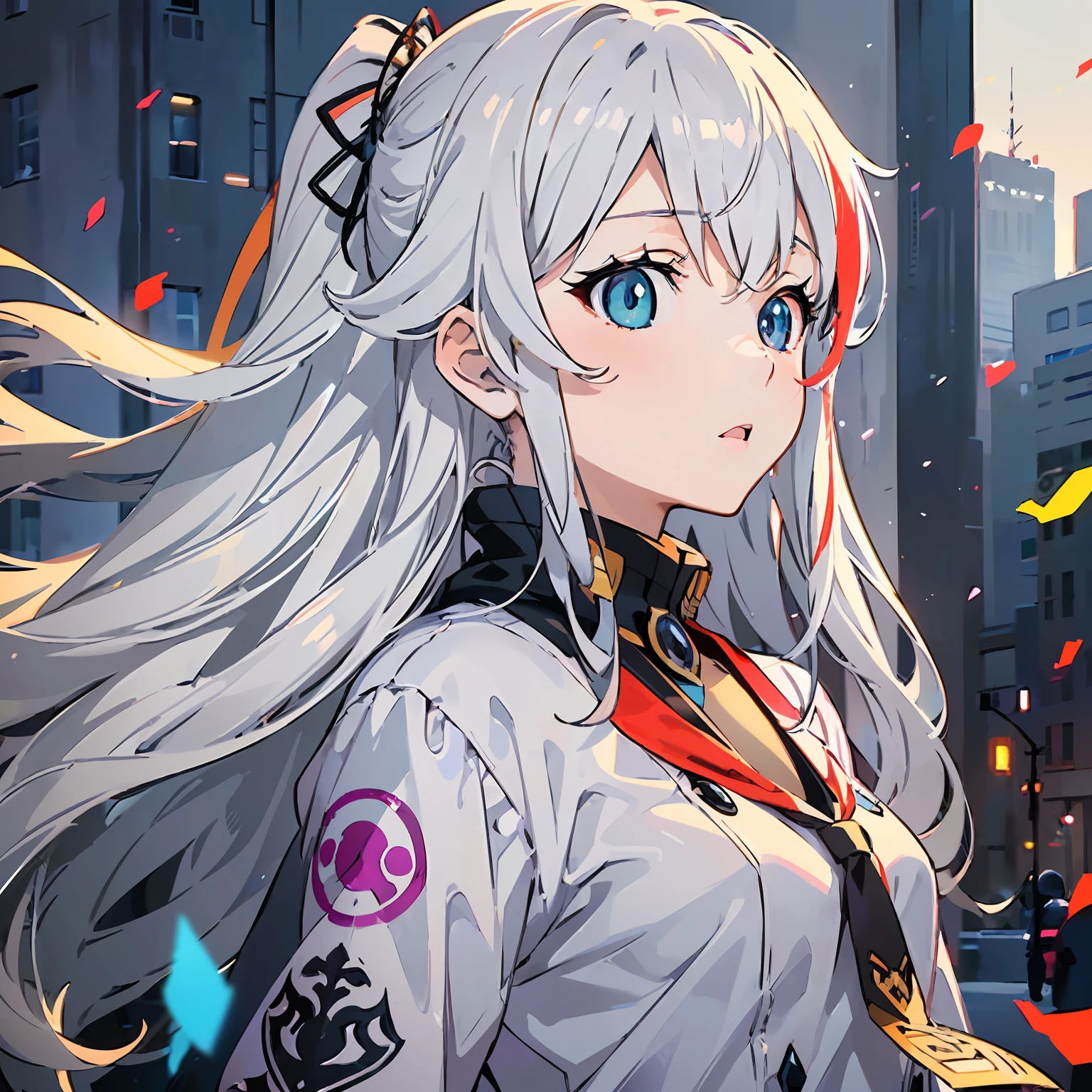 ((best anime designer illustration cute Girl:1.3)), (cute girl), a girl with (colored eyes, heterochromatic, multicolor:1.4), long white hair, white skin (portrait format), gray background matte and opaque movie backdrop from Paramount Studios, hair in the wind, different eyes in focus of the designer.