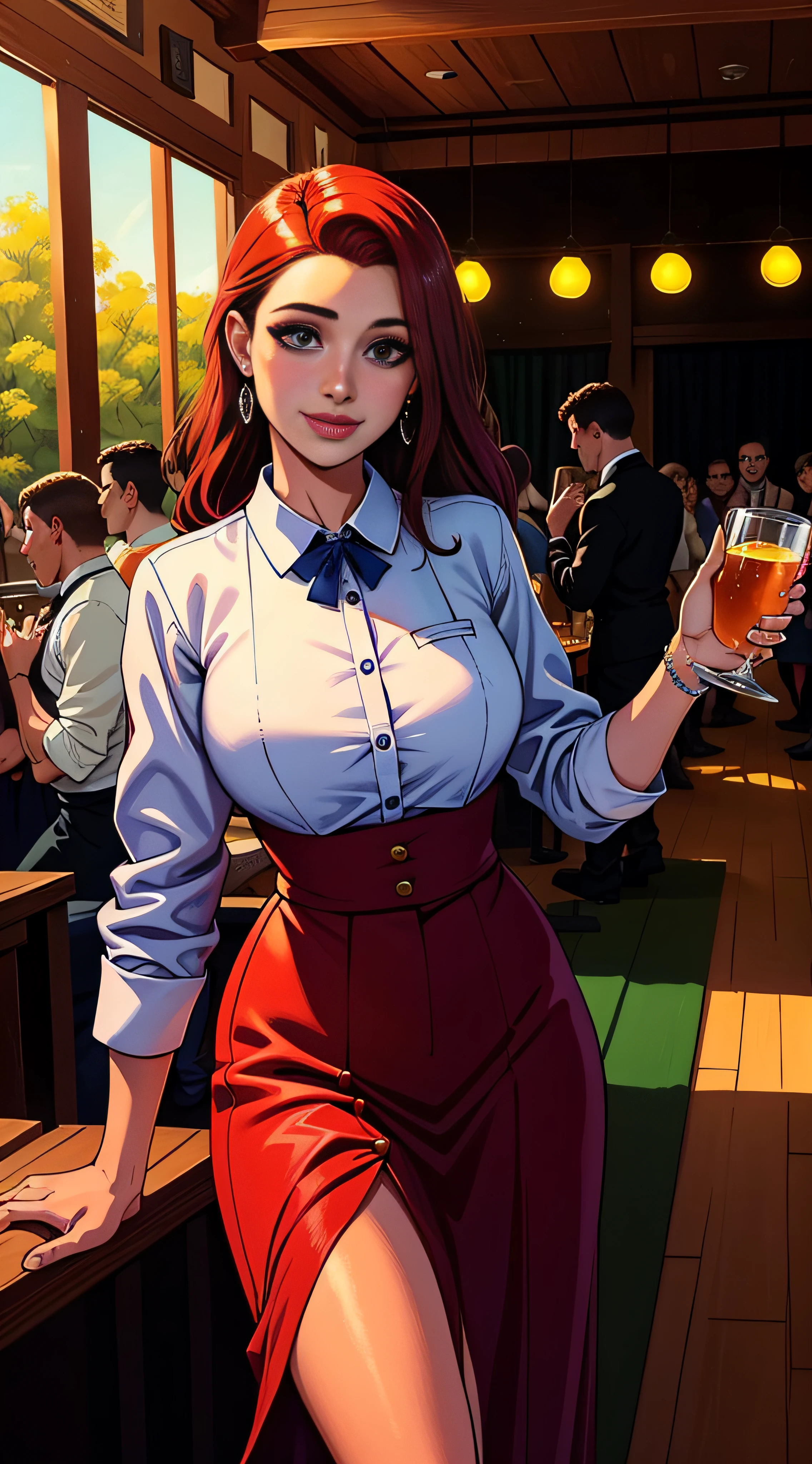 Buttercup, the waitress, uma personagem cativante com olhos azuis brilhantes, ruiva, e um sorriso encantador, usando uma vestimenta elegante e extravagante, Standing in a busy tavern, where music and laughter fill the air, while people dance and drink around you, criando uma atmosfera festiva e animada, oil-painting, --AR 16:9 --V 5