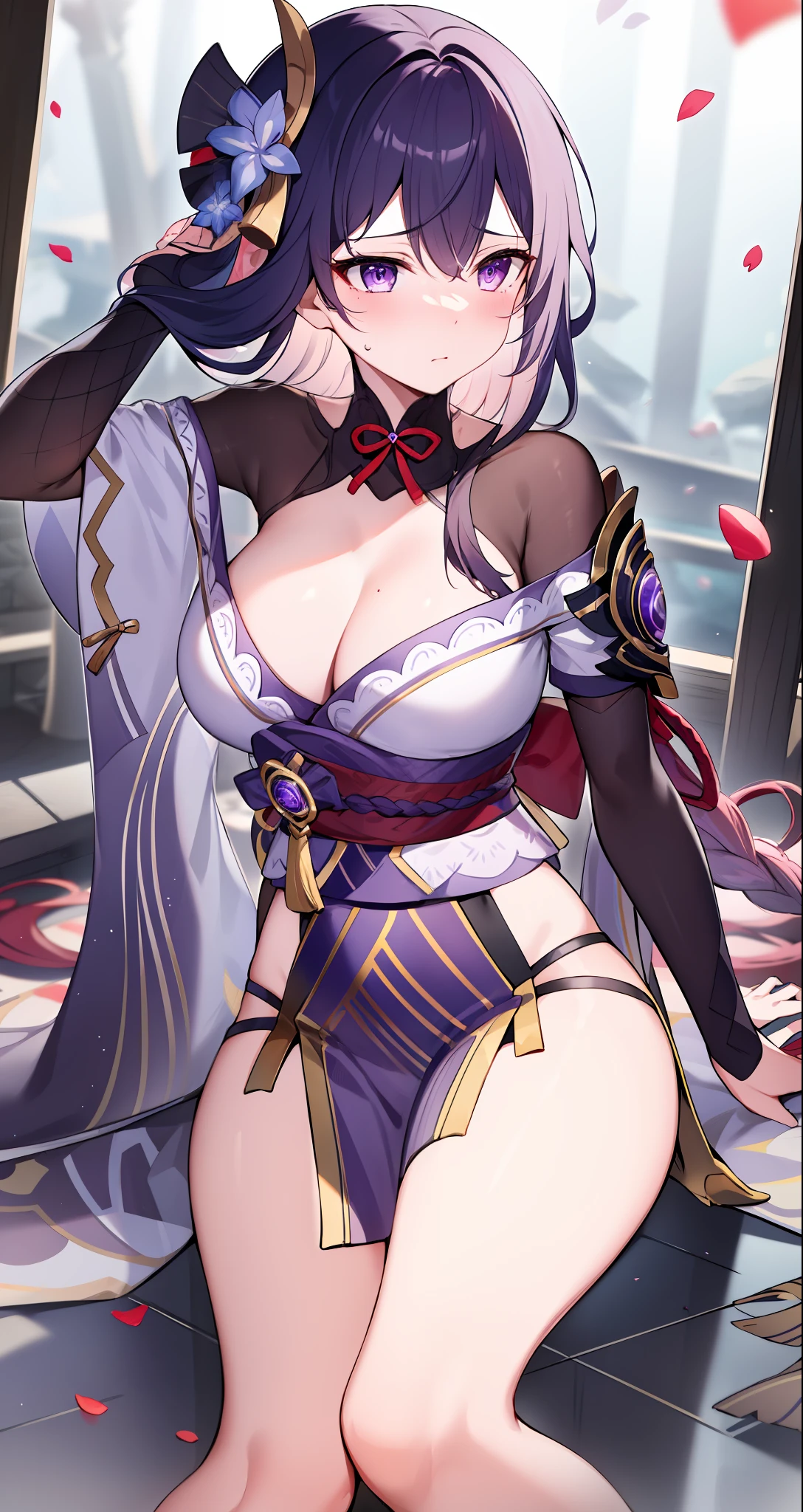 (masterpiece), (best quality),highres, ultra detailed, professional lighting, esdeath, esdeath outfit, front view, round eyes, sad, tilted head, looking away, falling petals, whole body, cheeks turning red, depressed look, sexy hairstyle, sfw, raiden (genshin impact,