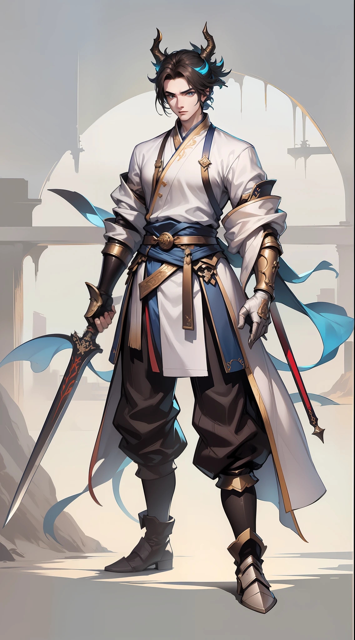 1 handsome man with a sword、There are dragon horns on the head、Determined eyes、full bodyesbian,white backgrounid,Xianxia,Hanfu,Armor,high detal,sketching,Denoising,cinematic colorgrade,white backgrounid,Ultra-high resolution,Best shadow,Sharp focus,tmasterpiece,(The is very detailed的 CG unified 8k 壁纸)