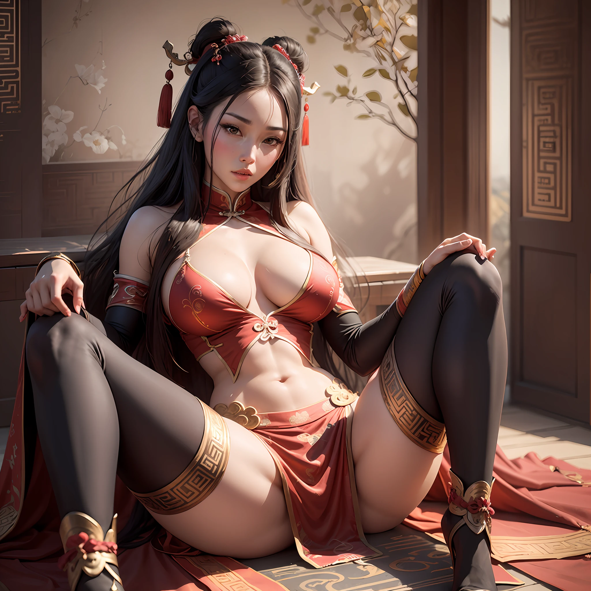 Realistic,Hot female concubine in the Han dynasty sitting with her legs spread apart huge breasts, young, wearing ancient revealing Chinese dress with long hair and feminine features.weak,submissive --auto