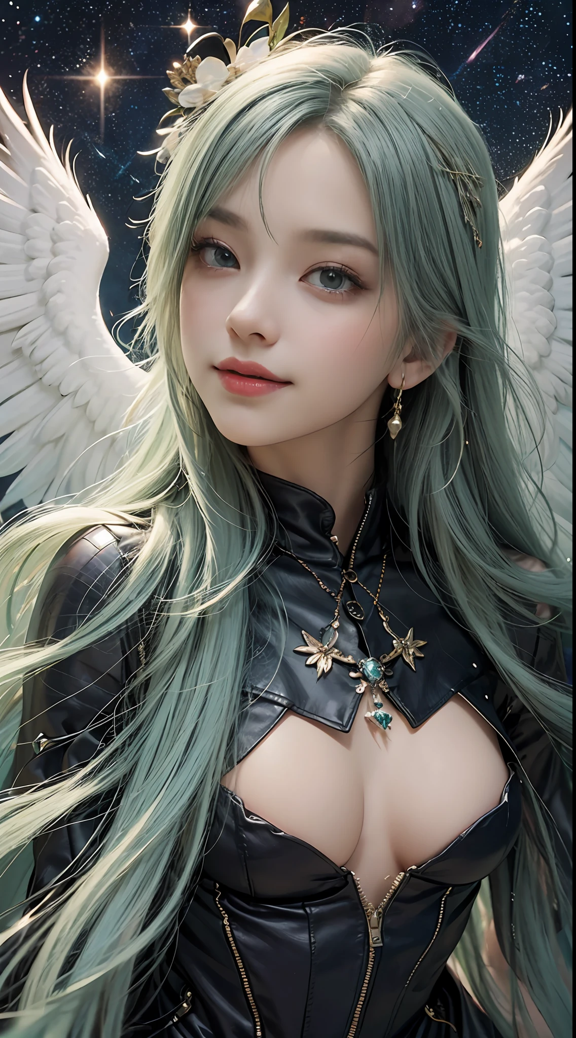 Angelic woman,177 cm tall,Pale green hair,With accessories on the head,Let go of your hands,Smile at you,Stand sideways on the ground,Behind her is a starry sky full of milky ways,Masterpiece-quality CG,hyper HD,high rise,depth of fields,16k,best qualityer,high detal,textureskin,anatomy correct,softlighting,Facialbrightening,Extremely detailed full-body photo