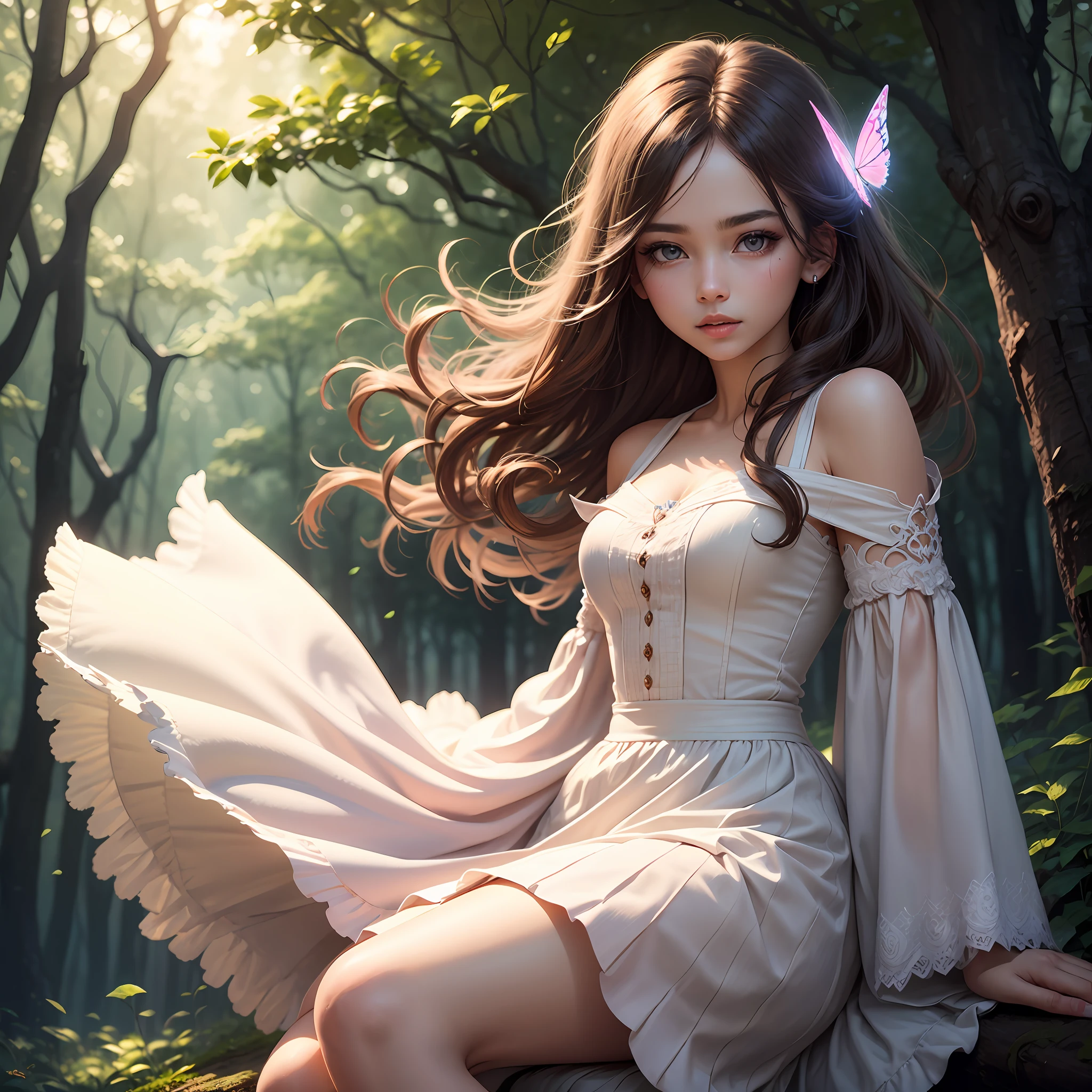 ((high quality)), ((masterpiece)), 8k, extremely detailed CG unity 8k wallpaper, light pink lips, looking at viewer, trees, white skin, light brown hair, long hair, mystery, fairy, levitation, butterflies, warm, brown eyes, sitting in the forest, long white dress, thin skirt, dreamy, realistic lighting, backlight, face lights, ray tracking, fine detailed eyes, detailed face, fine quality eyes, look like princess, fairy, narrow space, hair blowing in the wind, skirts fluttering