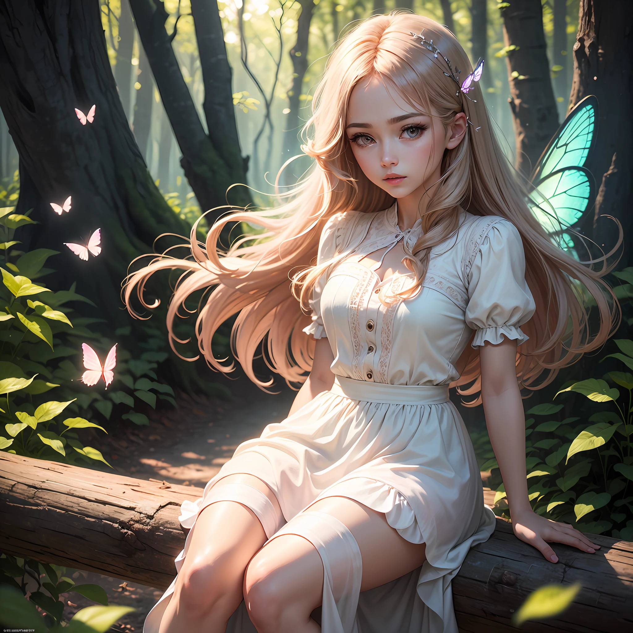 ((high quality)), ((masterpiece)), 8k, extremely detailed CG unity 8k wallpaper, light pink lips, looking at viewer, trees, white skin, light brown hair, long hair, mystery, fairy, levitation, butterflies, warm, brown eyes, sitting in the forest, long white dress, thin skirt, dreamy, realistic lighting, backlight, face lights, ray tracking, fine detailed eyes, detailed face, fine quality eyes, look like princess, fairy, narrow space, hair blowing in the wind, skirts fluttering