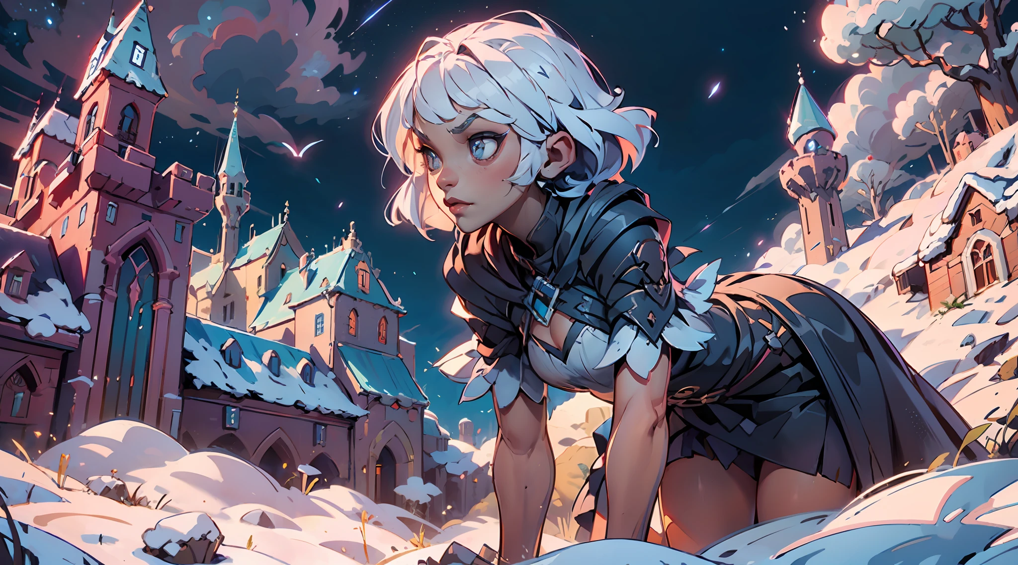 nigh sky，starrysky，Hanging castle，goth castle，magia，Magic Array，Grand，shock，tmasterpiece，Black tones，The figure is dressed in a cloak，magicle world，grand，tmasterpiece，4K