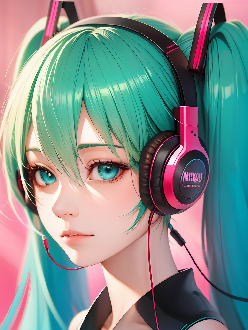 a close up of a person with headphones on with a picture of a girl, hatsune miku portrait, portrait of hatsune miku, mikudayo, anime style. 8k, anime moe artstyle, realistic anime artstyle, hatsune miku, realistic anime art style, anime girl with teal hair, anime style 4 k, anime art style