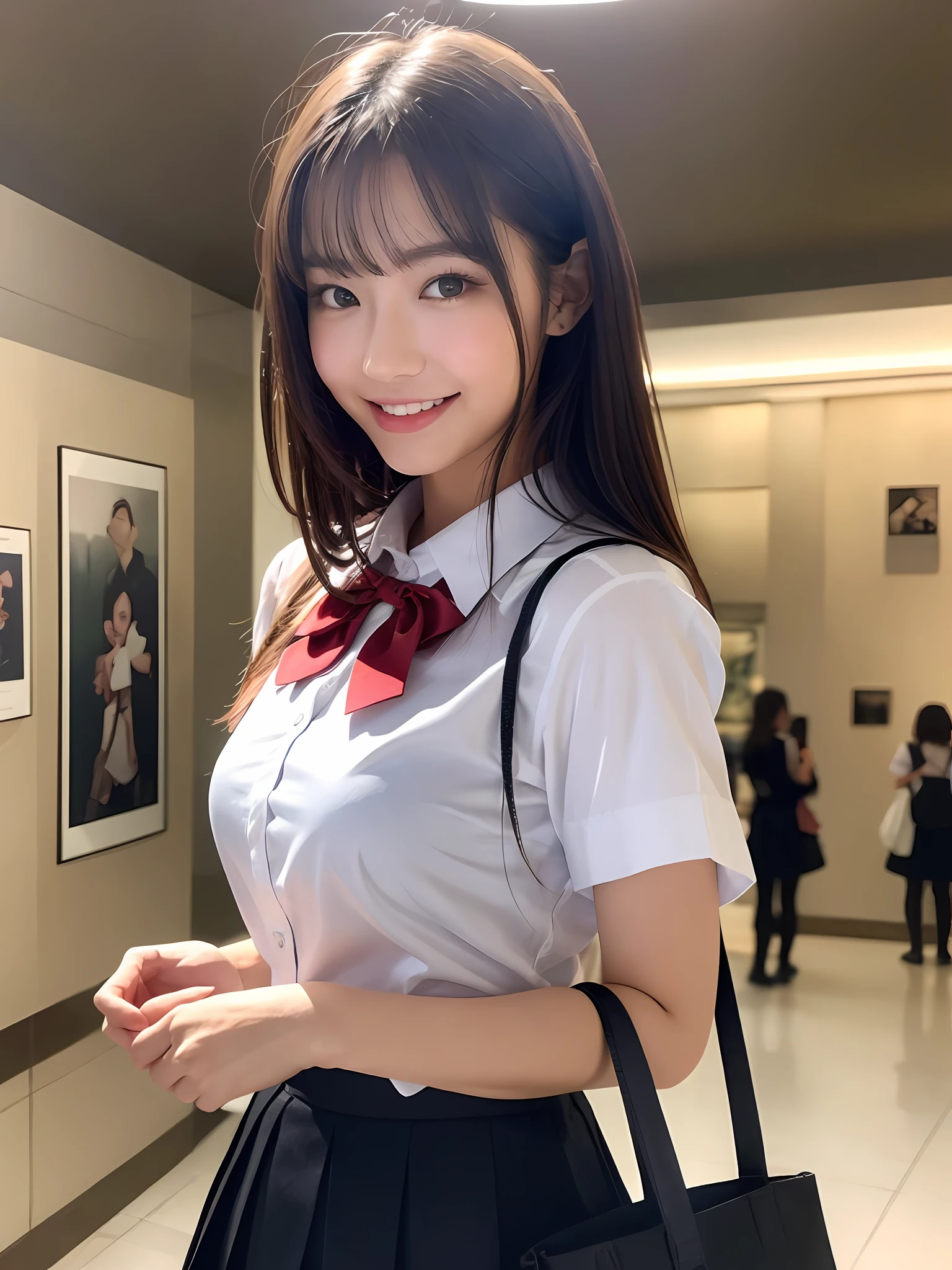 masterpiece, cowboy shot, front view, 1girl per 1photo, a Japanese young pretty woman, hyper pretty face, 18 years old, watching oil pictures in a museum with a big smile, carrying a big tote bag with her shoulder, glamorous figure, wearing a short sleeves shiny silky white collared shirt with shiny satin red plain bow tie, wearing a dark blue pleated skirt of long length, glossy lips, double eyelids in both eyes, natural makeup, long eyelashes, shiny smooth light brown hair of medium length, asymmetrical bangs, tanned skin, central image, 8K resolution, high detail, detailed hairstyle, detailed faces, spectacular cinematic lighting, octane rendering, an ultra realistic, perfect limbs, perfect anatomy