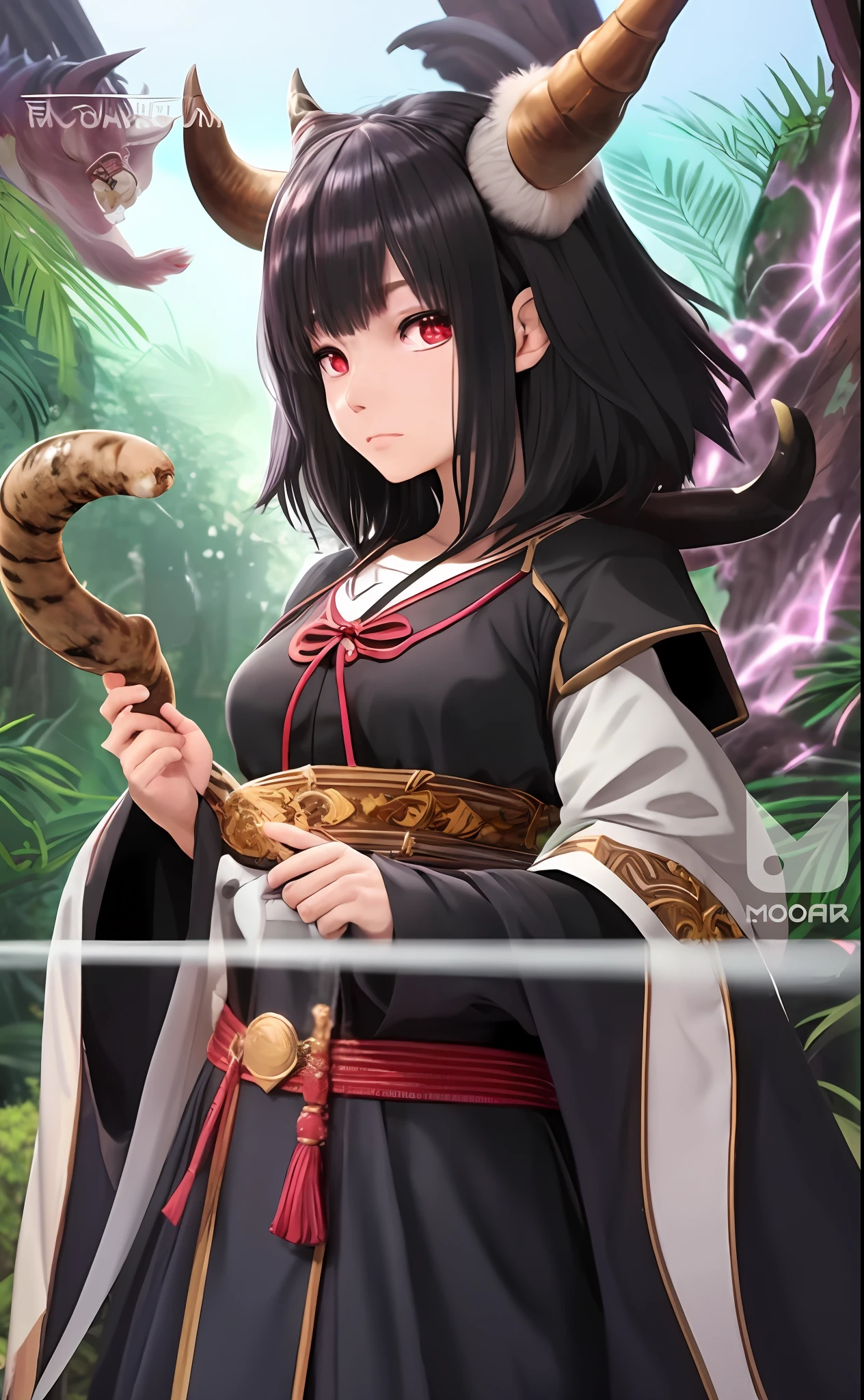 Anime girl with horns holding a wand, mika kurai demon, white horns queen demon, black - haired mage, demon slayer rui fanart, with horns, portrait onmyoji, oni horns, keqing from genshin impact, zhongli from genshin impact, Dragon Girl Portrait, demon anime girl, horned long tail、Mage's robe、Spells