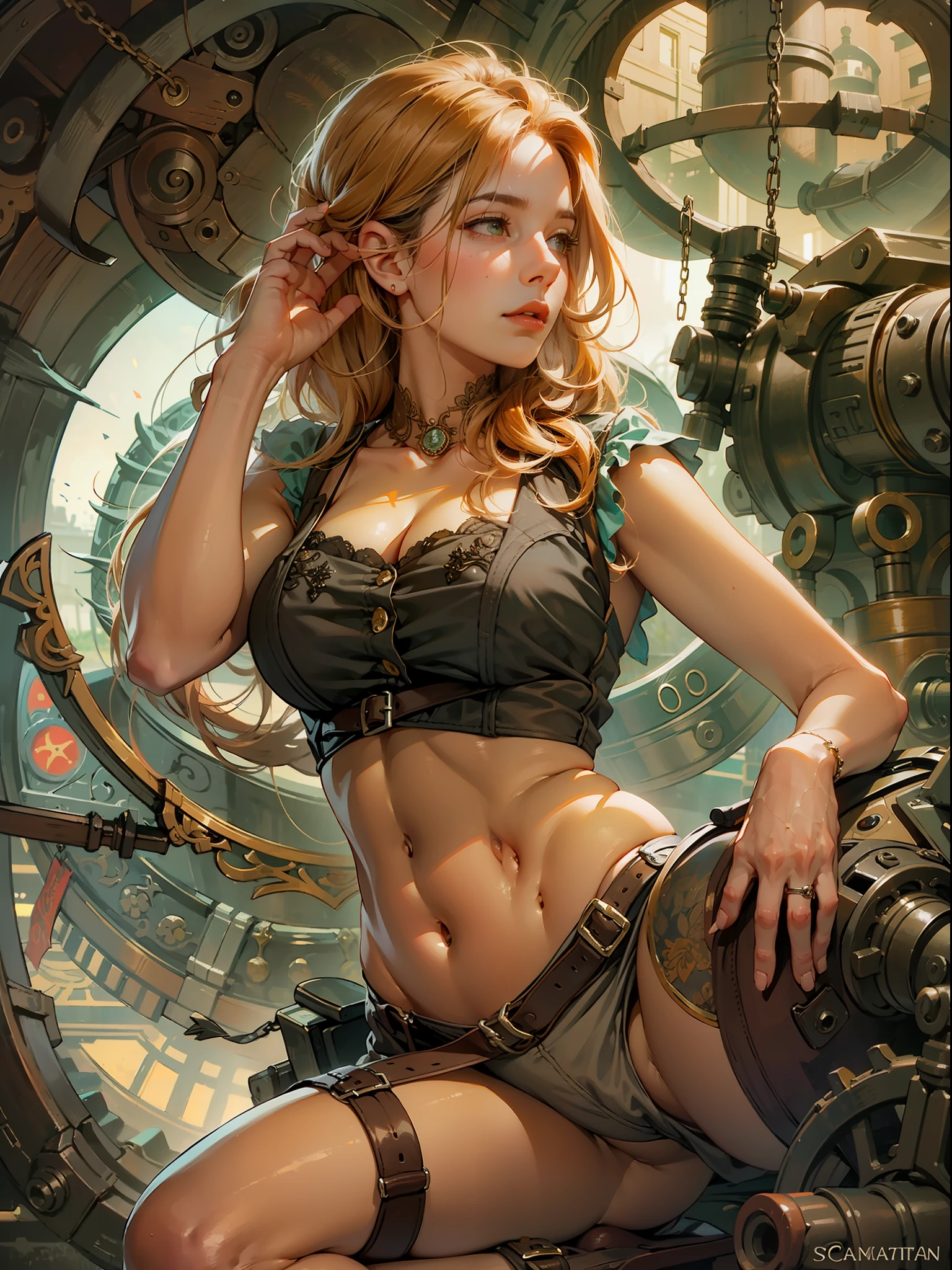 pose sexy sugerente, rubia,ojos verdes, pintura de estilo de arte tenebrista, oil on canvas, (((perfect feet, foot pose,sexy ass pose,gigantic sagging breast:1.8 ,Cameltoe muy marcado))), paisaje de fondo airship steampunk, detalles intrincados de ropa steampunk, WLOP, Sakimichan ,Greg Rutkowski, Alfonse Mucha, Stanley Artgem Lau, hiperrealista, tendencia en ArtStation, Motor Unreal 5, 8k, arte conceptual, Pintura digital,Stunningly Detailed, simetry, Octanaje, arte conceptual, artistic, kinematics, Ultra Sharp Focus, Altamente detallado, alma vibrante, perfection