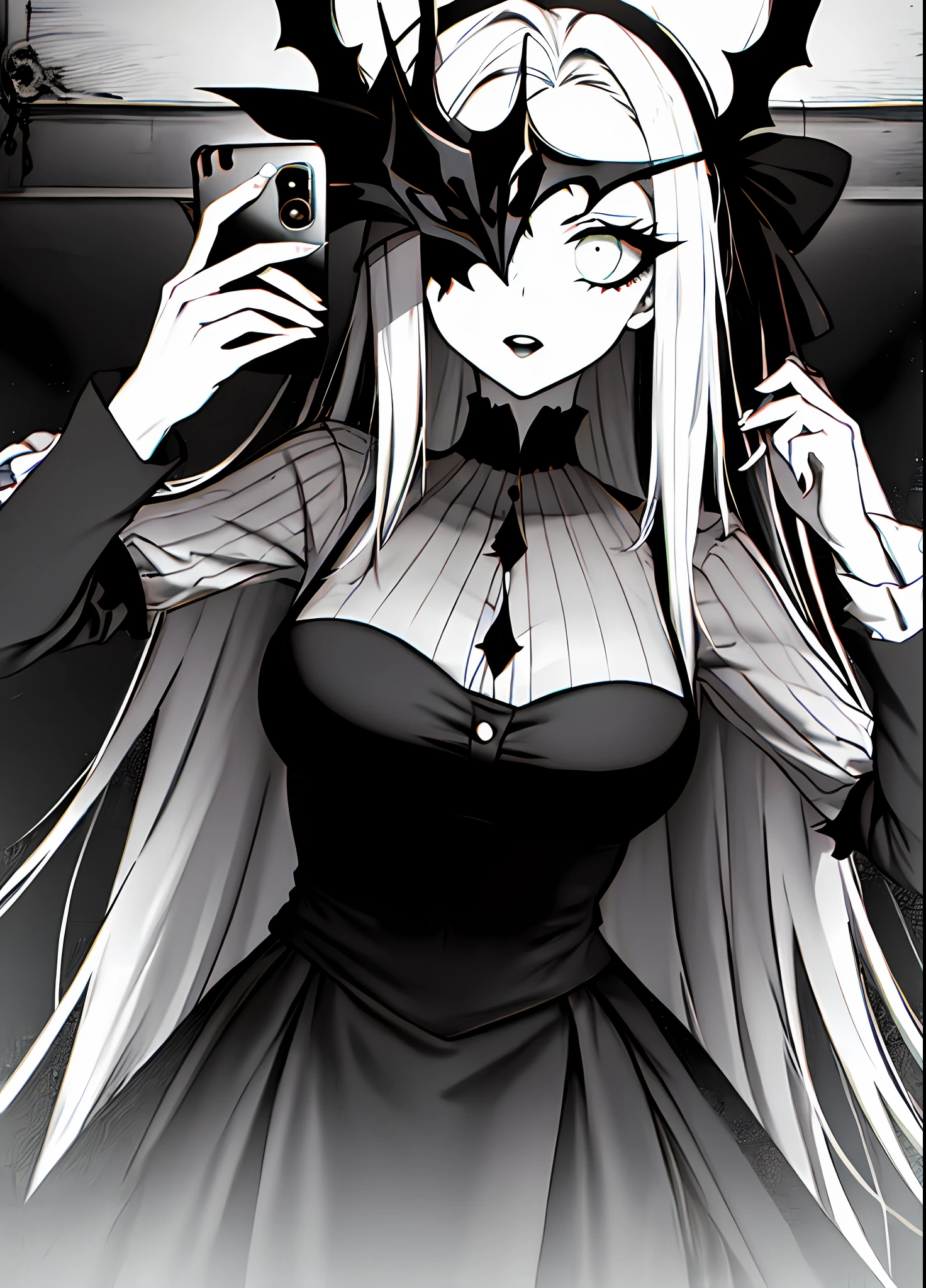 Woman with black dress and mask taking a selfie, pose assustadora, olhar assustador, gothic horror vibes, sem rosto, the mask covers her entire face, estilo assustador, sem rosto, pose assustadora, traje estranho assustador, behind her is a scary atmosphere, horror vibes, sem rostos, pose sinistra, cara fantasma, vibe assustadora, estilo de terror