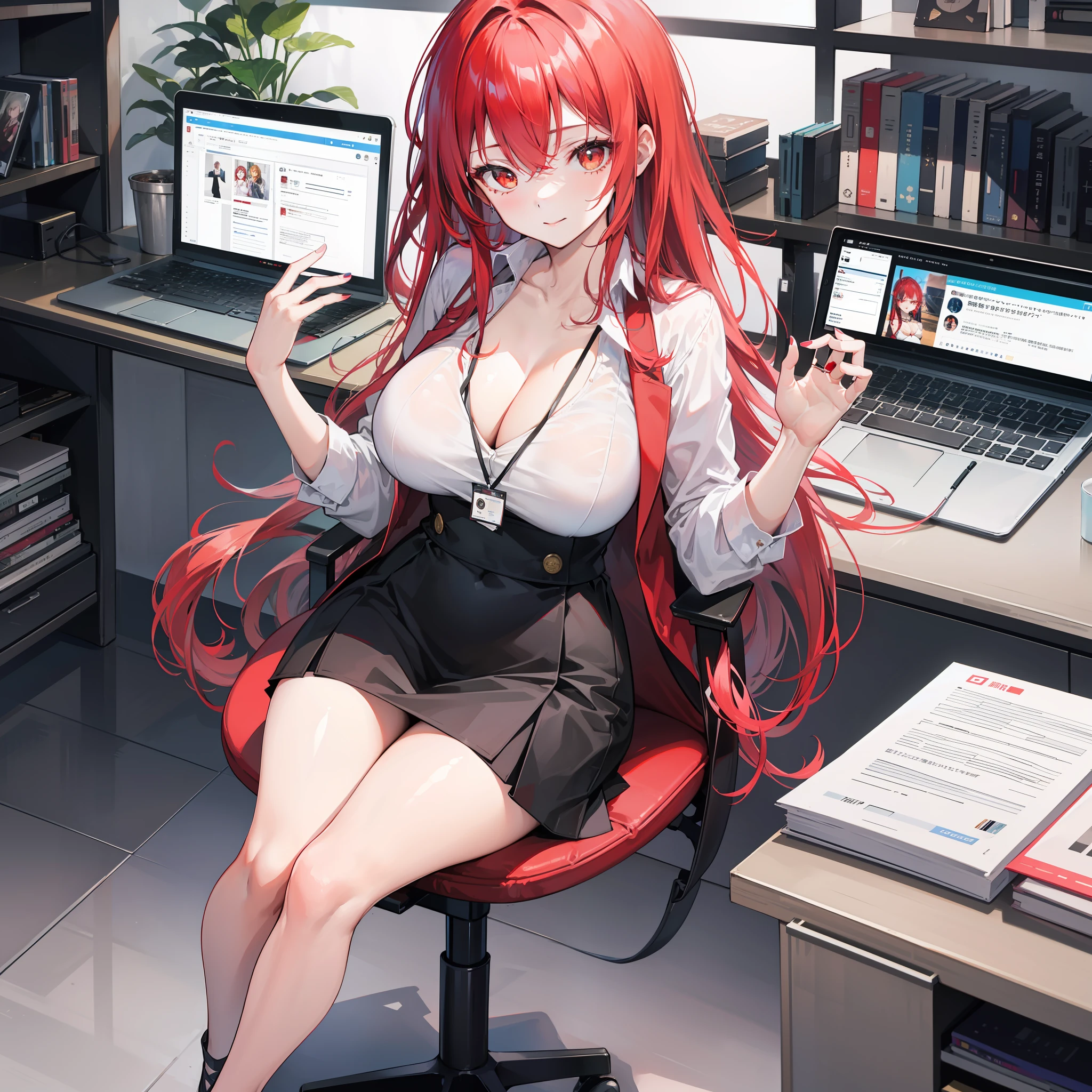 1girll, 独奏, ((white shirt)), black thighhigns, nedium ,, 校服, office backdrop, a black skirt, ((pleatedskirt)), office room, hair between eye,big cleavags, long wir, looking at viewert, red hair, red short nails, Golden eyes, 独奏, upper legs, upper legs, long whitr hair, ((tmasterpiece)), Sat down, a chair, Study desk, Computer on the desk, name badge, ID cards, inside in room, ssmile, ((Be red in the face)), is shy, a sexy pose,