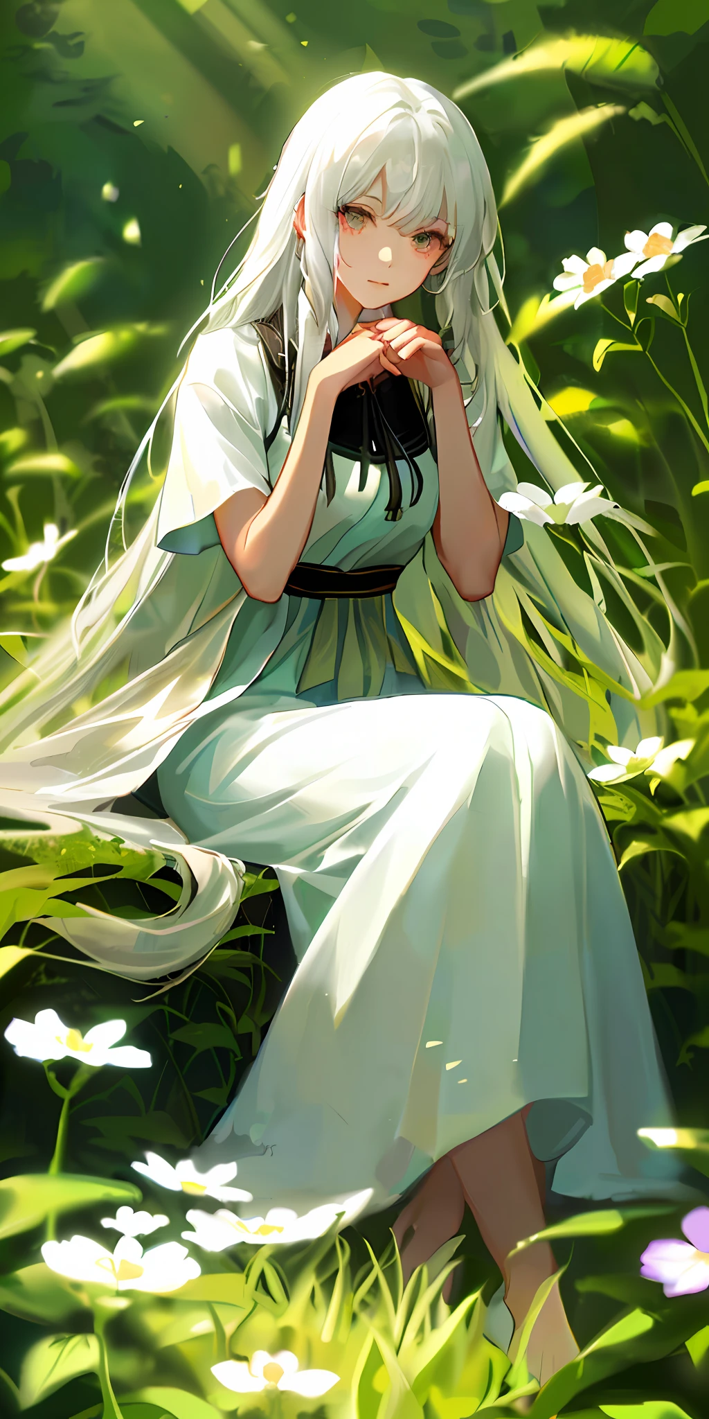 Anime girl sitting in a flower field,Hold your chin with both hands, Palace , A girl in Hanfu, beautiful teenage girl, Guviz-style artwork, author:Yu Zheding, Guweiz in Pixiv ArtStation, Guviz, by Yang J, beautiful avatar picture, flowing hair and long robes, Beautiful character painting, By Li Song