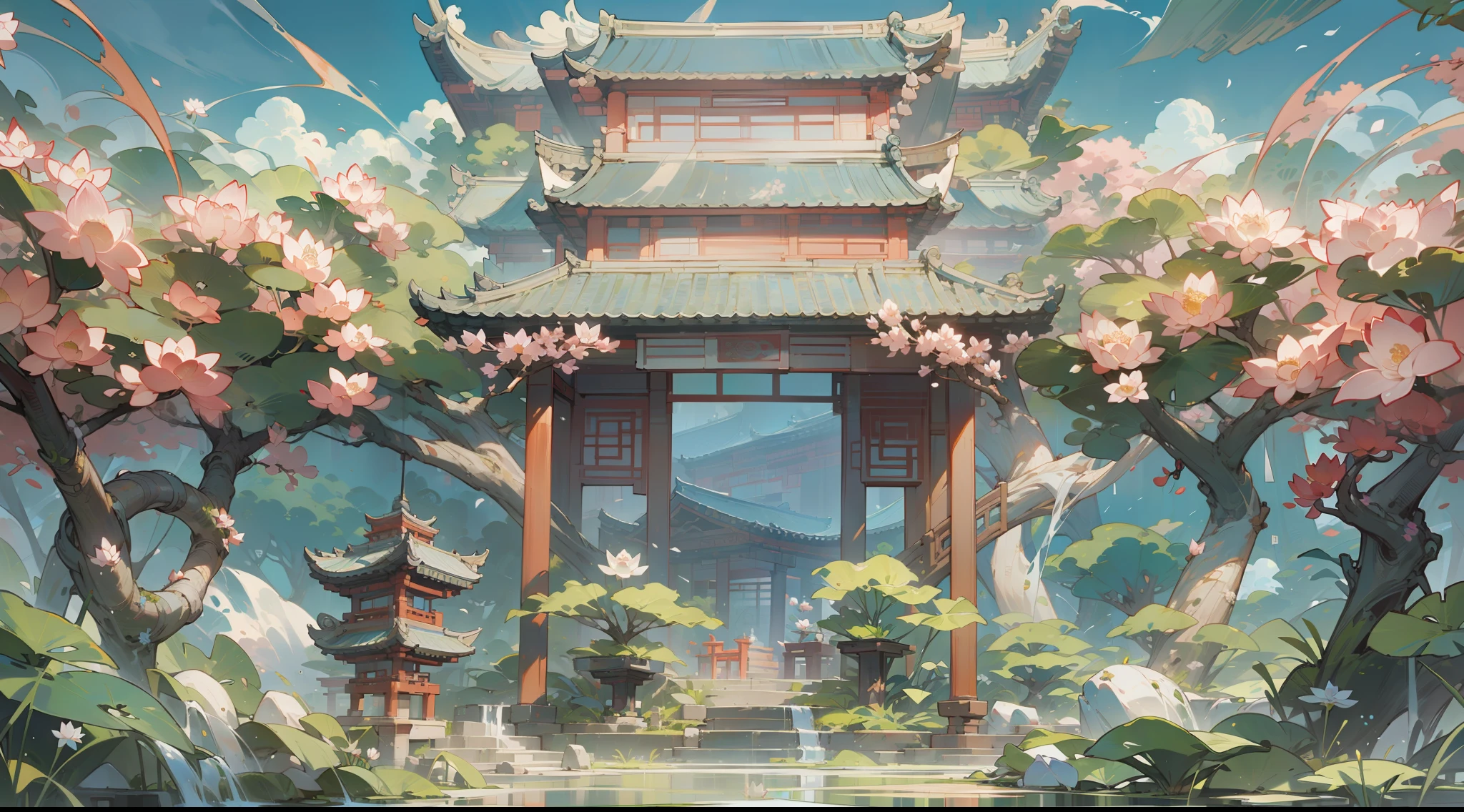 Antique game scene design,big trees,florals,Lotus architecture,Floating table,A blue sky,White cloud,Chinese ink painting OC rendering sculpture