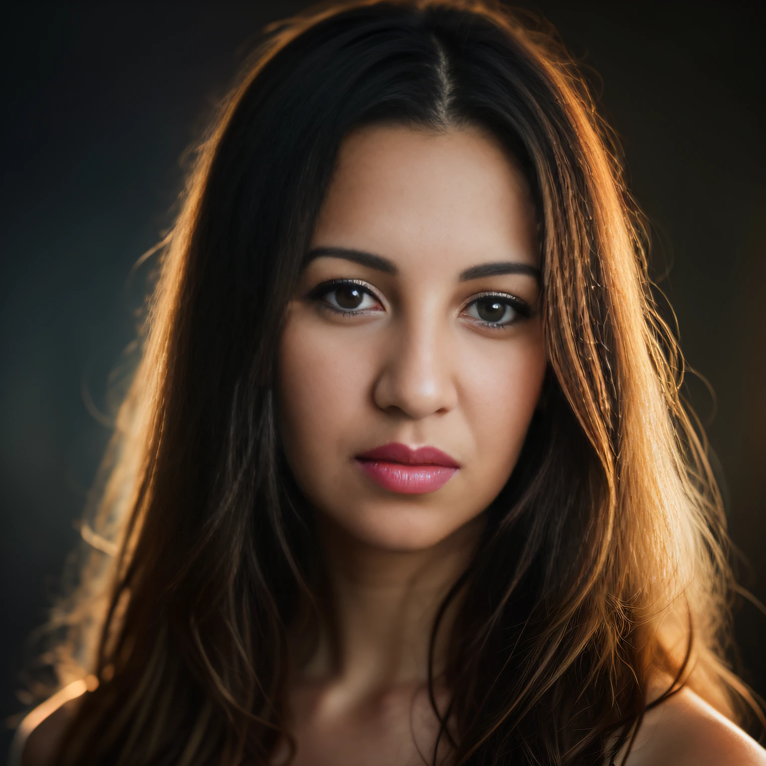 face of a model closeup, Madison Beer, headshot, long beautiful flowing ink like hair, smoky makeup, shining eyes, grey-gold-blue eyes, gold flecks, defined eyes, realistic eyes, doe eyes, beautiful perfect symmetrical face, extremely detailed, melancholy expression, painted by Tom Bagshaw and Eve Ventrue and Jeremy Lipking, ultra hd, hdr, 8k, cinematic, dramatic lighting, studio Portrait Lighting, illuminated face, 85mm, volumetric lighting, ray tracing reflections