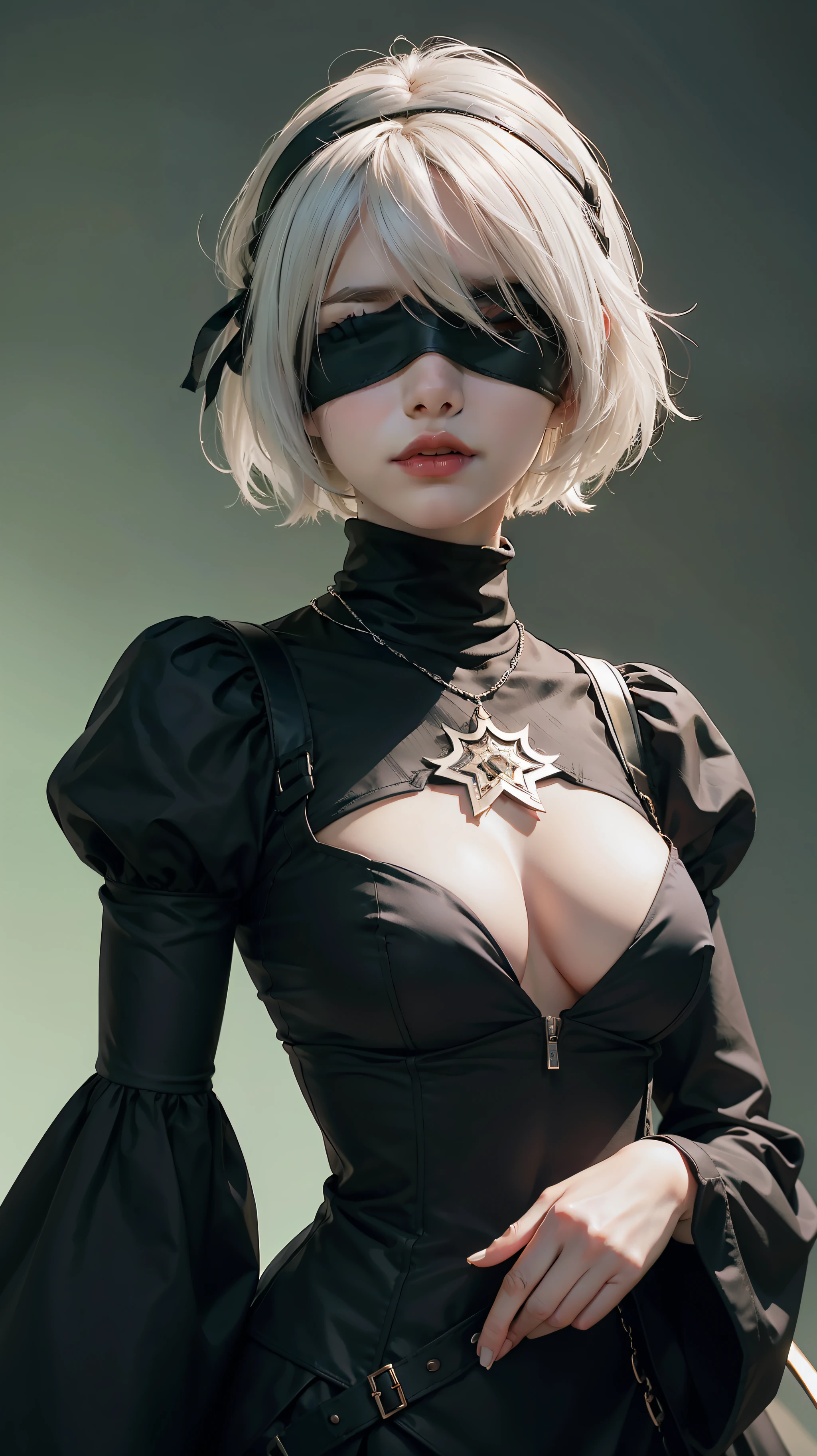 yorha no. 2 type b, 1girl, wlop, (blindfold), breasts, cleavage, cleavage cutout, clothing cutout, green background, hair between eyes, hairband, highres, juliet sleeves, long sleeves, nier (series), nier automata, puffy sleeves, red lips, shaded face, short hair, solo, turtleneck, upper body, white hair, sky