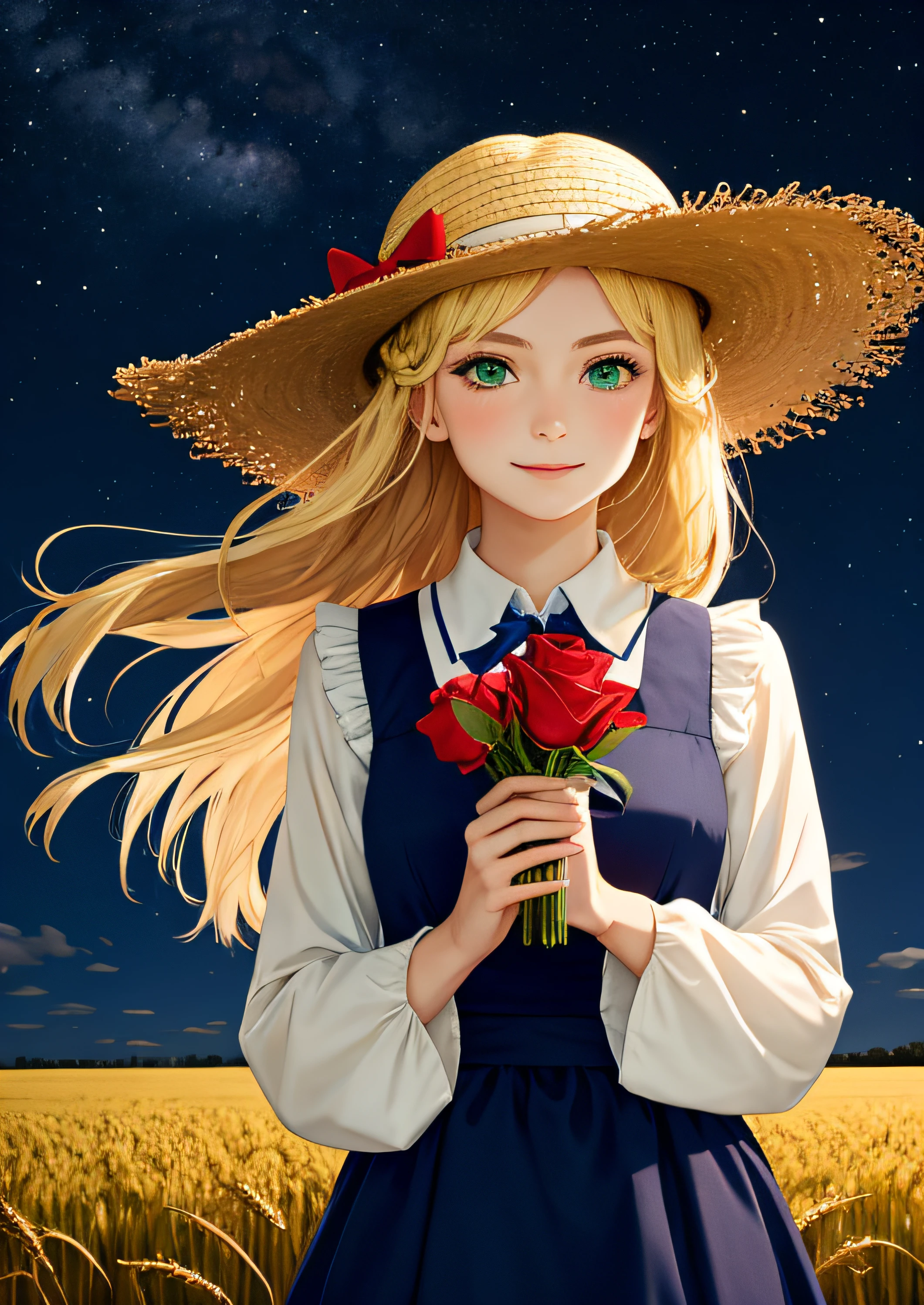 award winning (anime style:1.0), 1girl, solo, (straw hat with flowers:1.1), star (symbol), (long blonde hair flowing in the breeze), soft smile, [((gorgeous green eyes))], (navy dress with white frill collar:0.8), [red bow], long sleeves, (single braid), red rose, looking at viewer, adorable, captivating, center frills, bowtie, bangs, closed mouth, hand touching wheat, (mature woman:1.59), beautiful (dark) night sky in a wheat field, ((at night)), (wind), (monochrome:1.2)