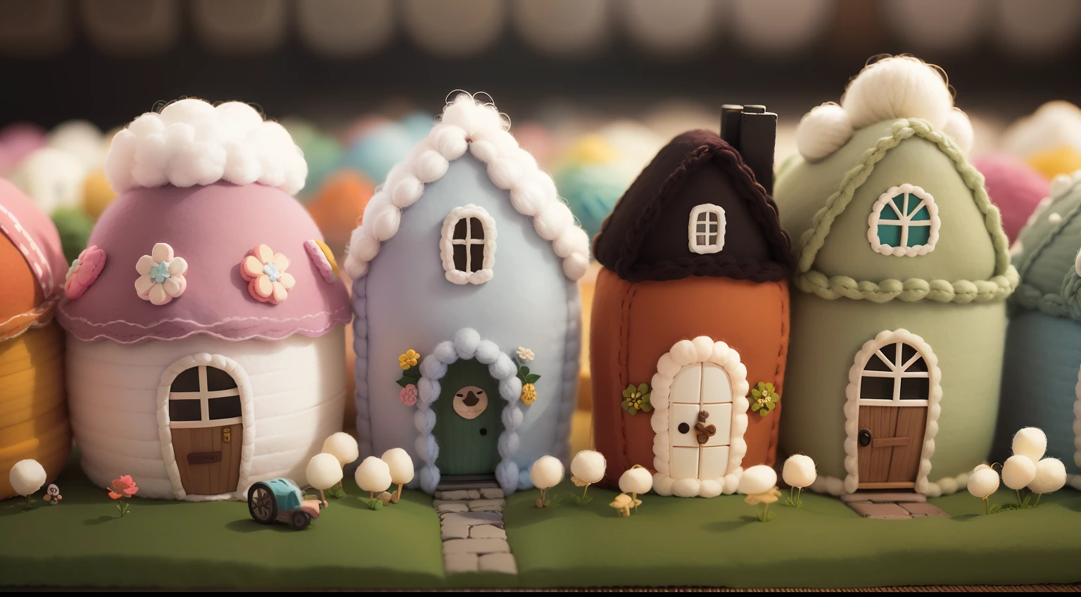 (cute world of wool felt, wool knitted fabric, cartoon), some small houses, farms, barracks, warehouses, flower houses, super cute, superb lighting, volumetrics, by Jon Klassen, Ghibli Studio style, Tilt - shift, 80mm lens, 3d, blender, masterpiece, super detail, best quality, --v6