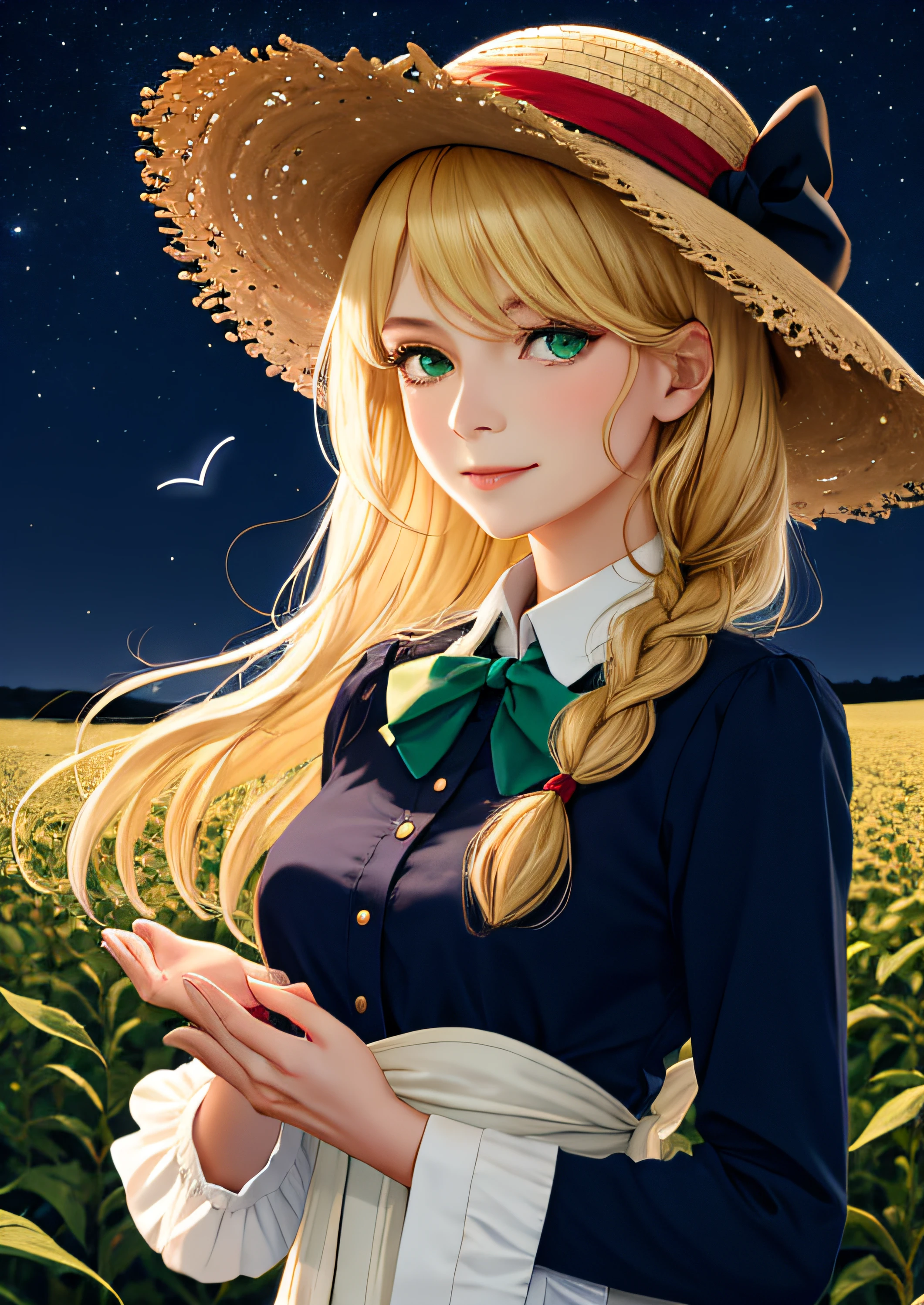 award winning (anime style:1.0), 1girl, solo, (straw hat with flowers:1.1), star (symbol), (long blonde hair flowing in the breeze), soft smile, [((gorgeous green eyes))], (navy dress with white frill collar:0.8), [red bow], long sleeves, (single braid), red rose, looking at viewer, adorable, captivating, center frills, bowtie, bangs, closed mouth, hand touching wheat, (mature woman:1.59), beautiful (dark) night sky in a wheat field, ((at night)), (wind), (monochrome:1.2)