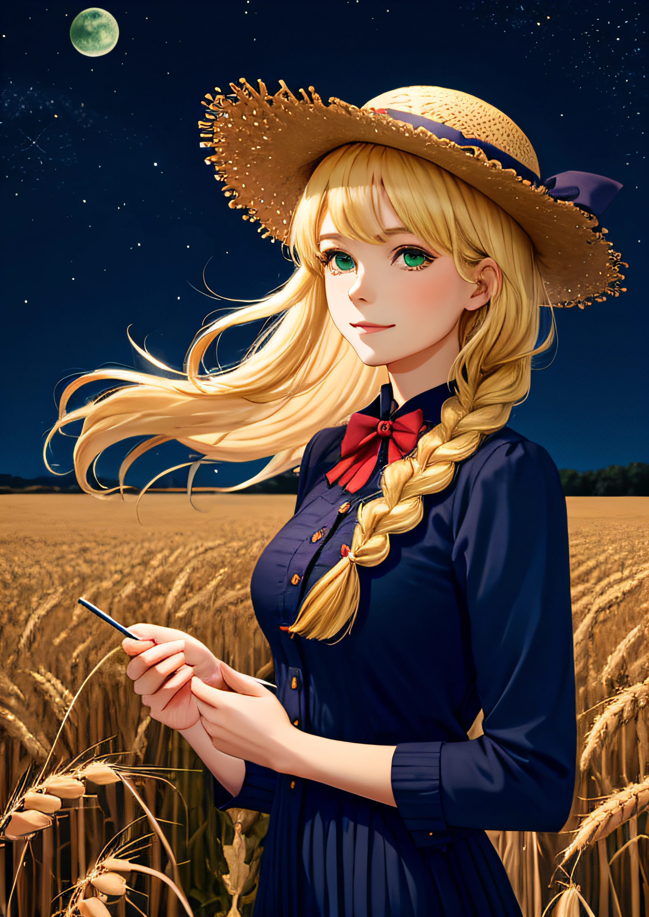 award winning (anime style:1.0), 1girl, solo, (straw hat with flowers:1.1), star (symbol), (long blonde hair flowing in the breeze), soft smile, [((gorgeous green eyes))], (navy dress with white frill collar:0.8), [red bow], long sleeves, (single braid), red rose, looking at viewer, adorable, captivating, center frills, bowtie, bangs, closed mouth, hand touching wheat, (mature woman:1.59), beautiful (dark) night sky in a wheat field, ((at night)), (wind), (monochrome:1.2)