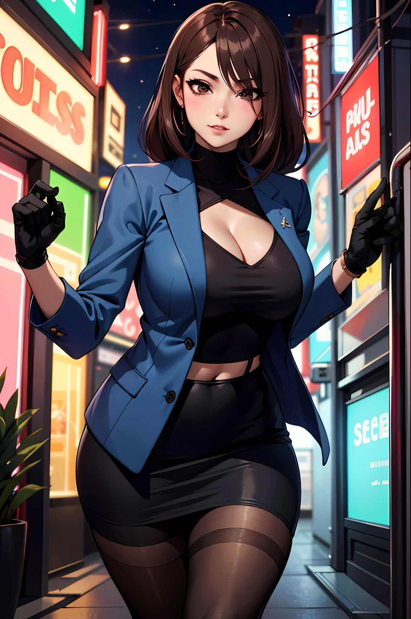 Bewitching anime busty woman in blue suit and tight skirt、Black tights、Inviting look、black top and brown hair,,Ecchi anime style, lean forward to show your breasts,Kamimei,Red Light District at Night,neons、Career Woman