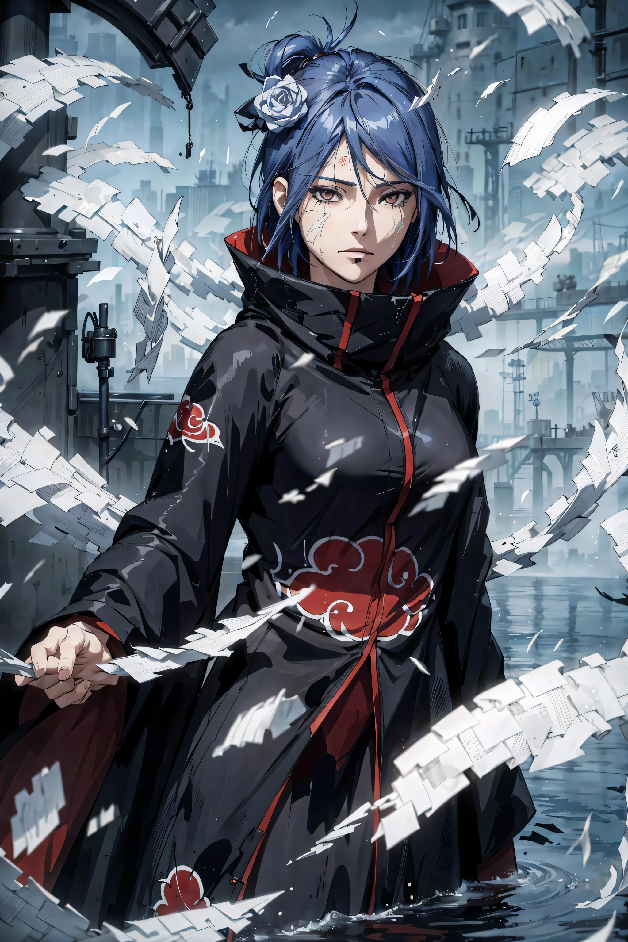 absurdres, (best quality), (masterpiece),(ultra-detailed:1.2),(photorealistic:1.1),(highres),
1girl,
konan \(naruto\), (akatsuki outfit:1.1), labret piercing, (paper:1.2),
ripples,swirling ,