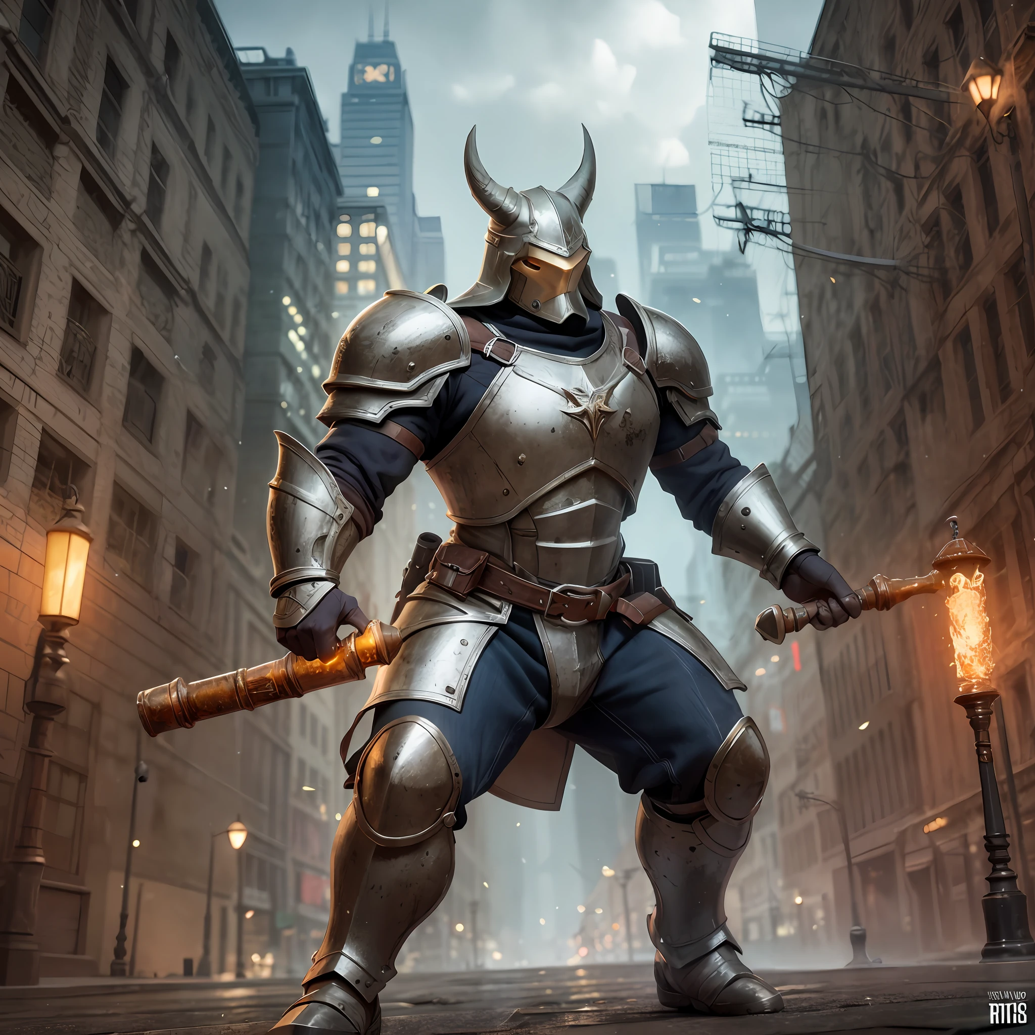 Warrior duck solid steel armor and rusty iron full of corrosion, enchanted club with acid light on it, magical runes, cinematic lighting, beautiful, 8k render, unreal engine dark