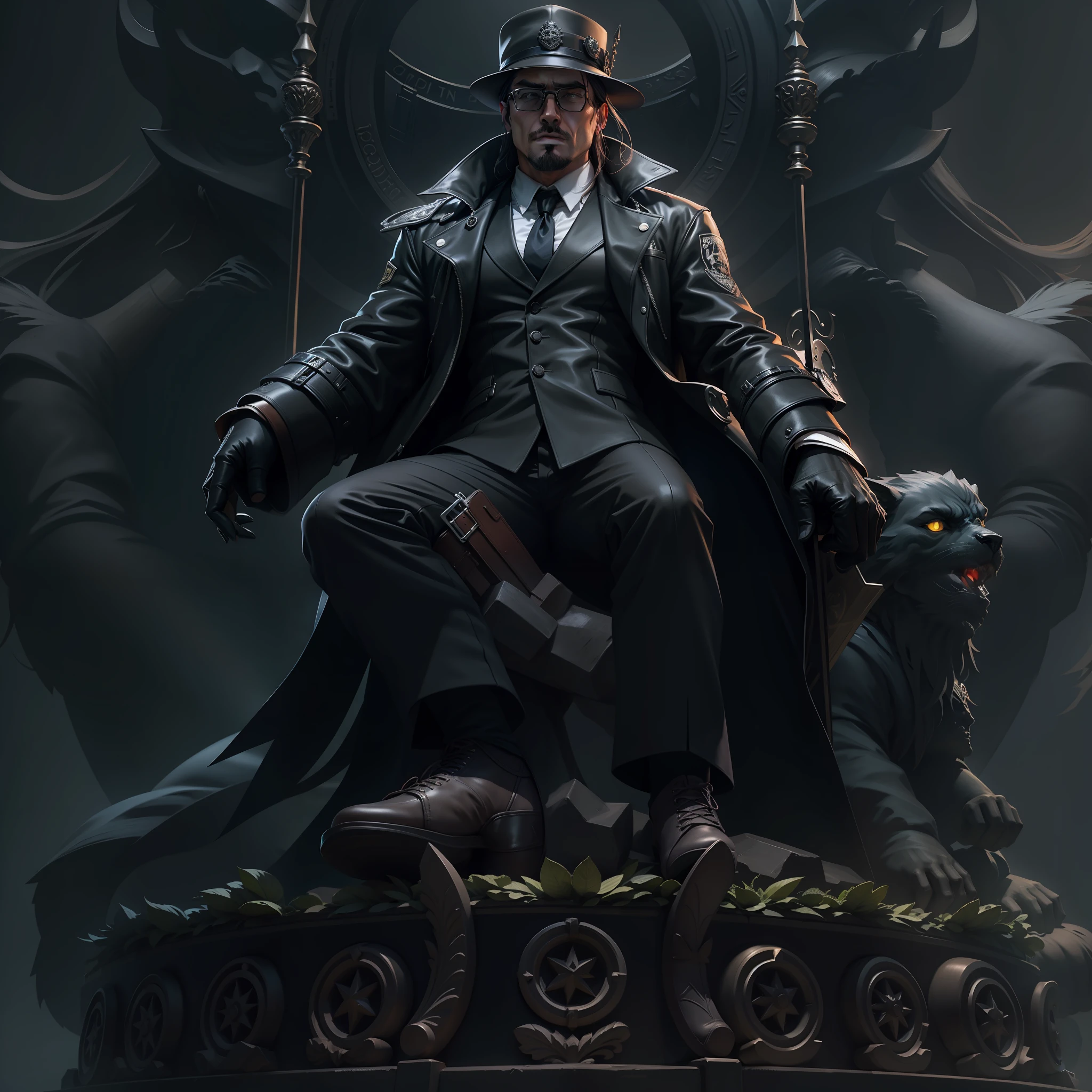 A gangster boss in the dark is dressed in a black jacket,Stand on the statue of the goddess,High-quality graphics。
