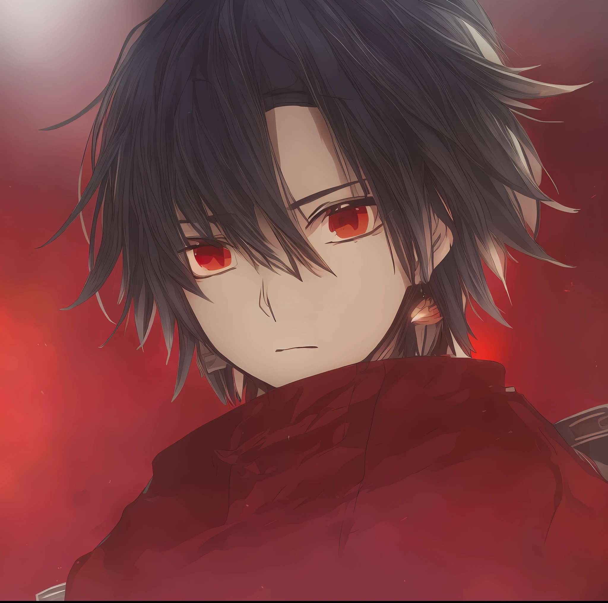 "Portrait of a character with black hair and red eyes,sprout、Jan Dela、Grimdak,Male anime style,Red glowing eyes,anime man,blood bleeding from eyes,Twinkling red eyes,Red, Loose eyes,male anime character,fully red eyes,without pupils,gapmoe yandere grimdark,Young anime characters,Charming Japanese demon boy"