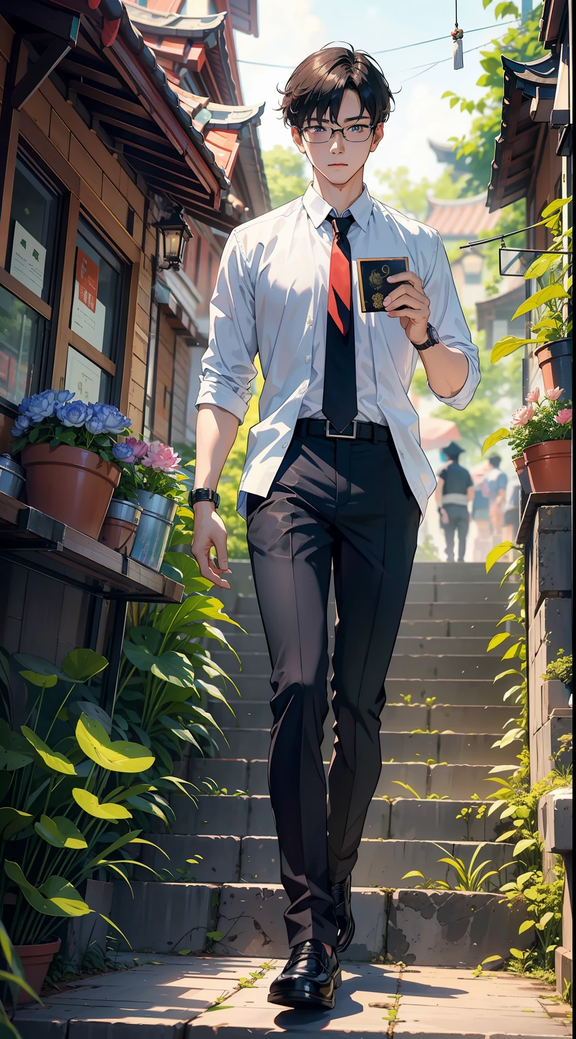 A 19-year-old man,Handsome and handsome,Chairman。Holding a black VIP card in his hand,There is a rainbow overhead,Take steady steps,There are lotus flowers blooming under your feet,outside,urban backdrop,Rainbow in background,tmasterpiece,4k,8k,finedetail,超高分辨率,best qualtiy,k hd,intricately details,Large file size,Amazing,CG,Wallpapers,Master painting,