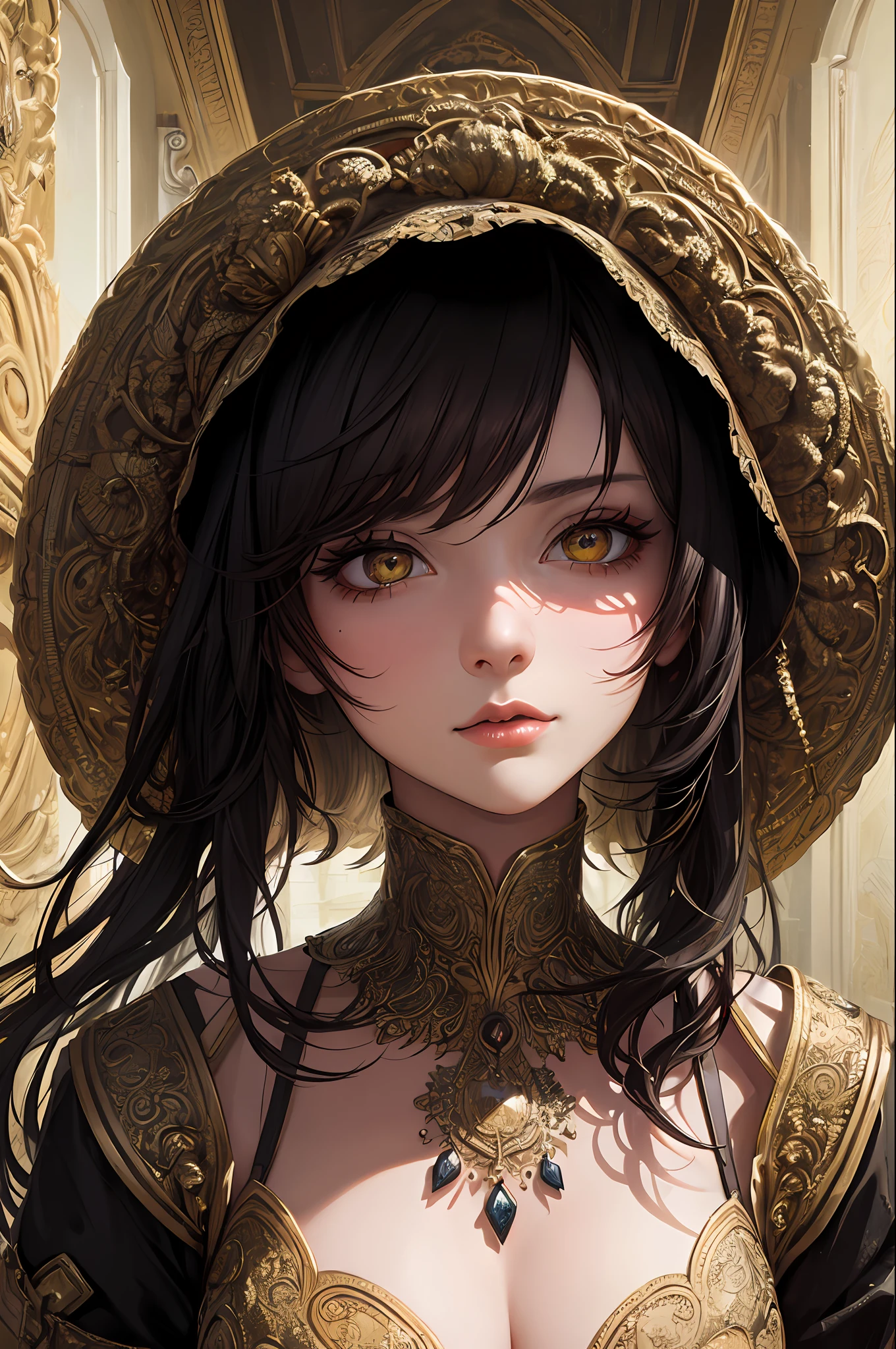 (masterpiece, top quality, best quality, official art, beautiful and aesthetic:1.2), (1girl), extreme detailed,(fractal art:1.3),colorful,highest detailed, young girl, medieval underware, indoor, yellow eyes, incredible shadows, high detail background,